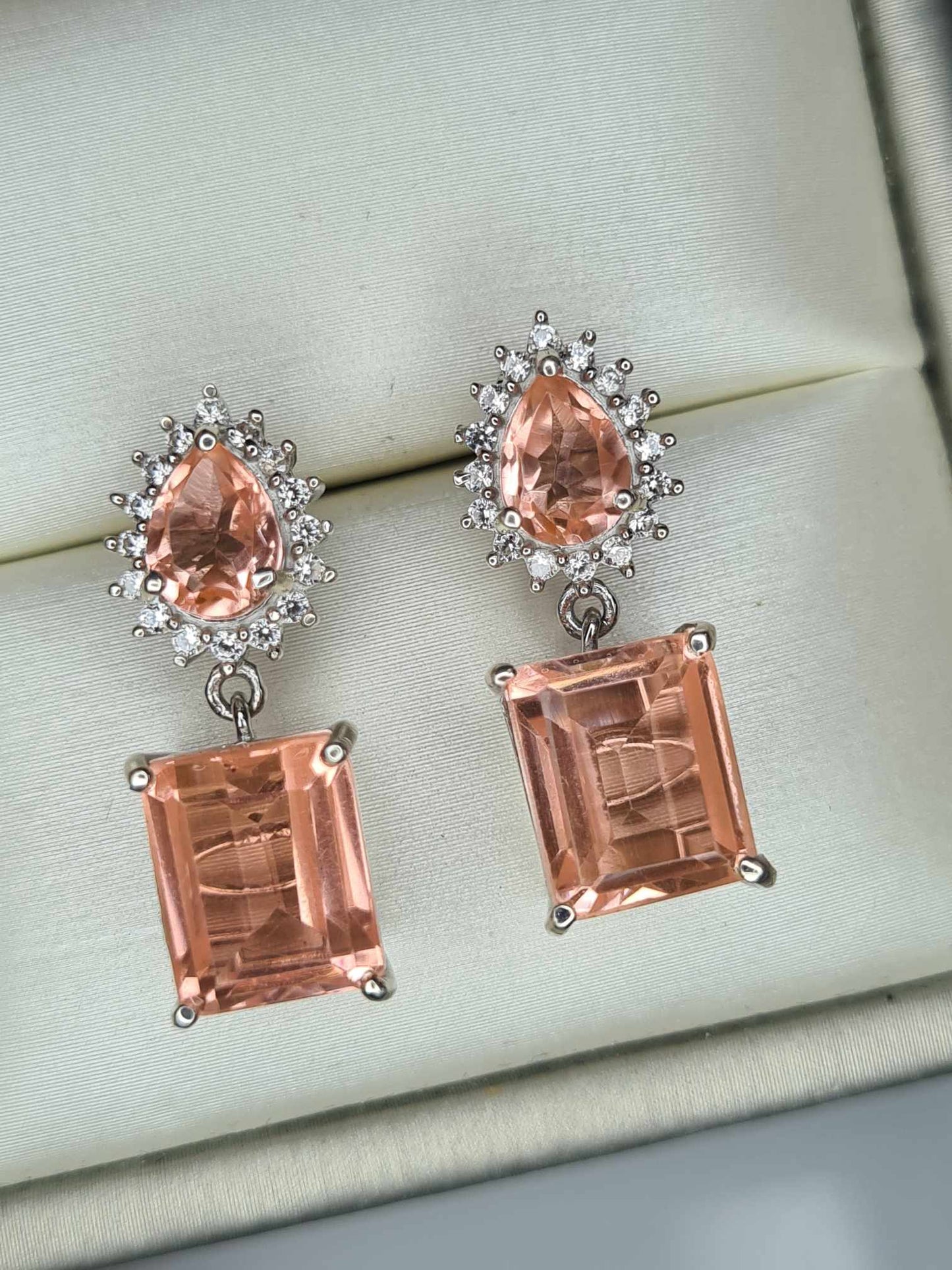 10.15ct Morganite Colour Quartz & Natural Zircon Dangle Earrings in Platinum Overlay 925 Sterling Silver