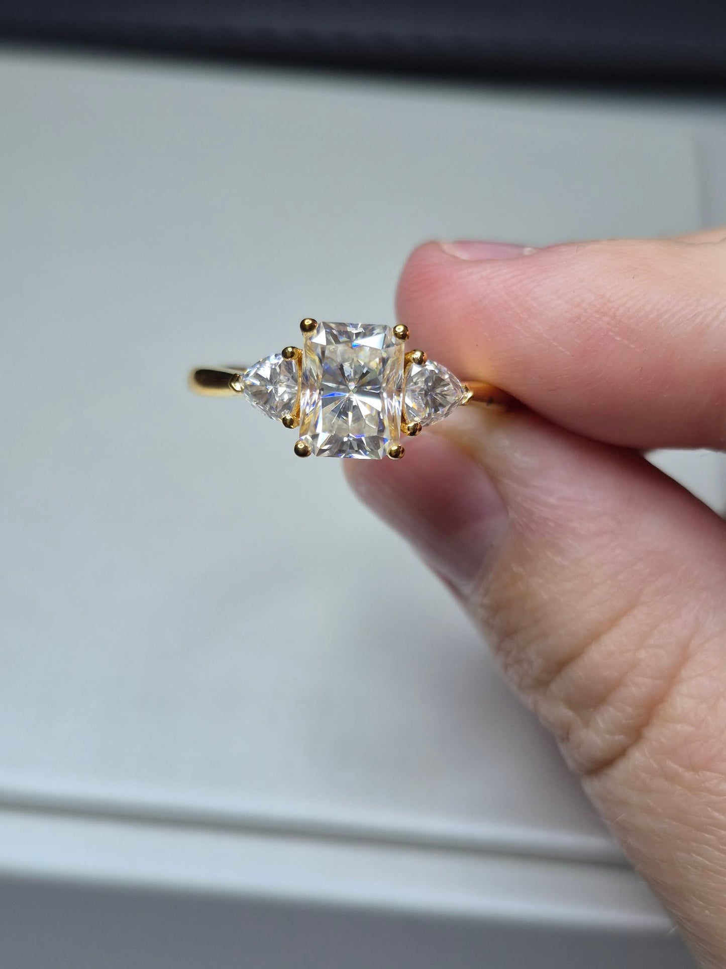 Premium Moissanite Trilogy Ring 18k Gold Plated 925 Sterling Silver SIZE P