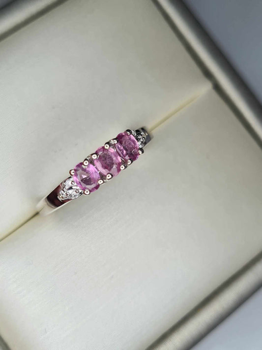 0.720ct Pink Sapphire and White Zircon Trilogy Ring in Rhodium 925 Sterling Silver SIZE K