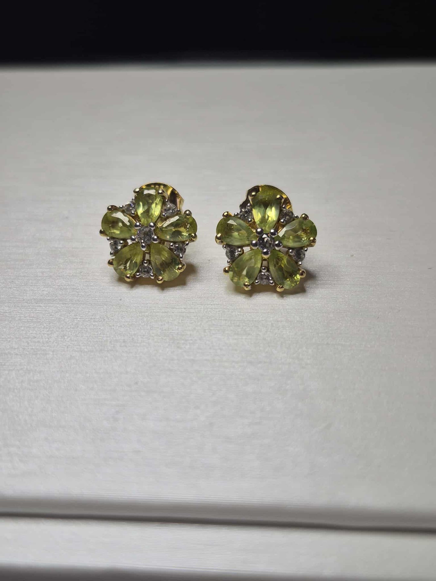 Natural Hebei Peridot & White Zircon Flower Stud Earrings in Gold Overlay 925 Sterling Silver