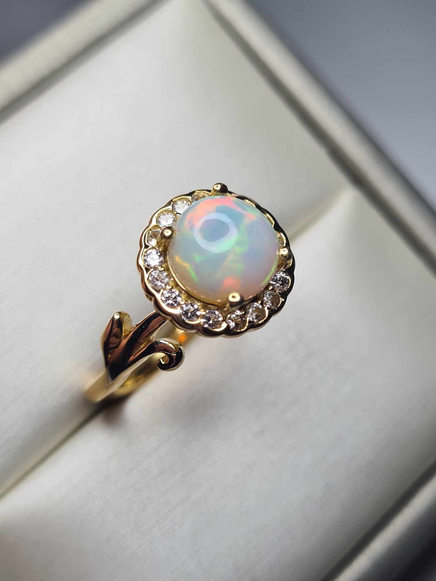 1.68ct Ethiopian Welo Opal, Natural Zircon Halo Ring in 18K Yellow Gold Overlay 925 Sterling Silver SIZE L