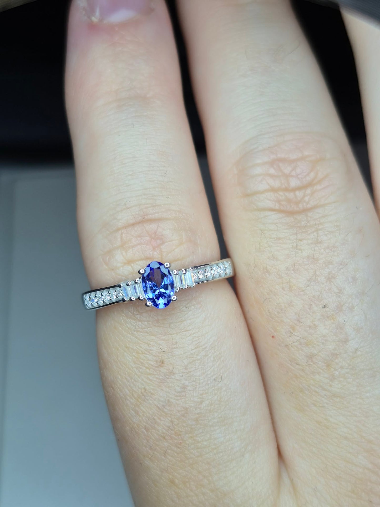 Natural Tanzanite & Moissanite Ring in Platinum Overlay 925 Sterling Silver SIZE P