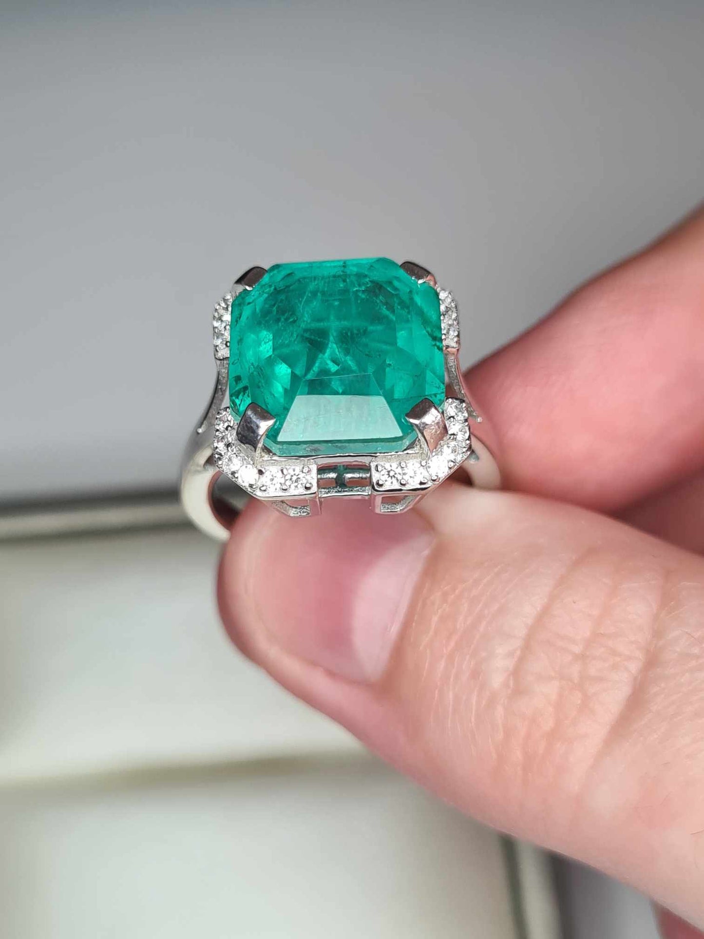 8.588ct Emeraldine Triplet Quartz, White Zircon Ring 925 Sterling Silver SIZE M