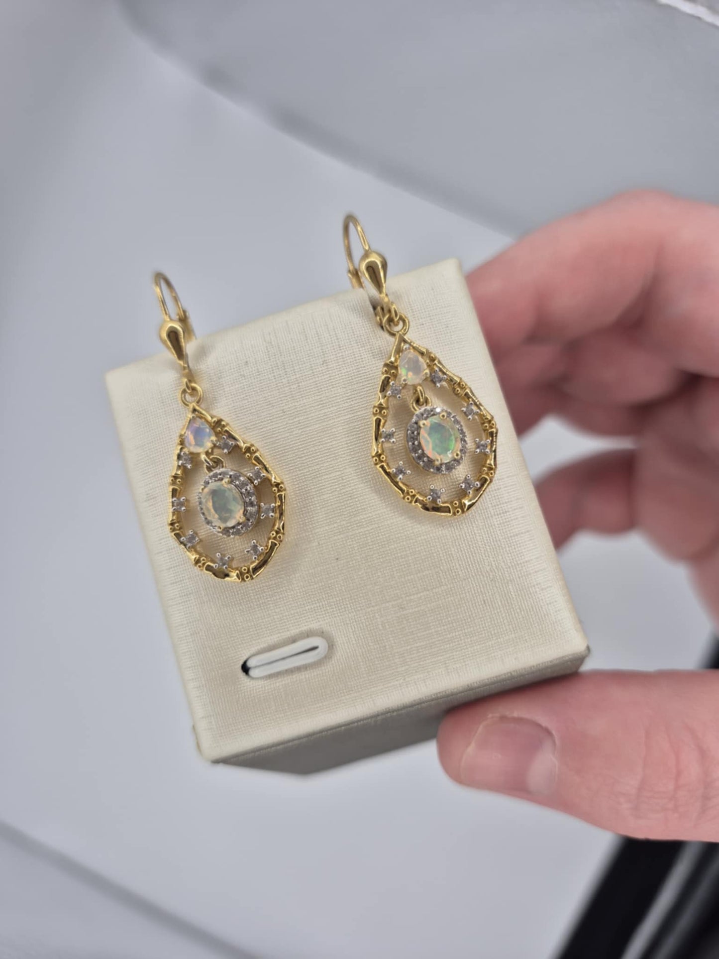 1.09ct Ethiopian Opal, White Zircon Dangle Earrings in 18K Gold Overlay 925 Sterling Silver