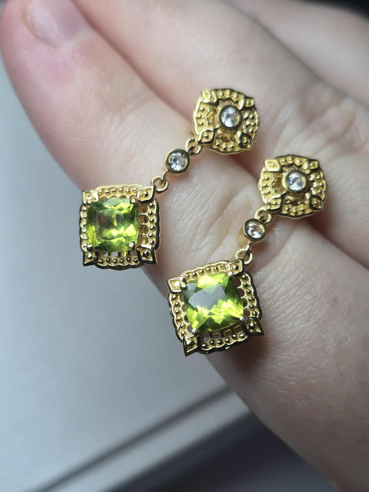 Natural Hebei Peridot, White Zircon Dangling Victorian Dangle Earrings 925 Sterling Silver