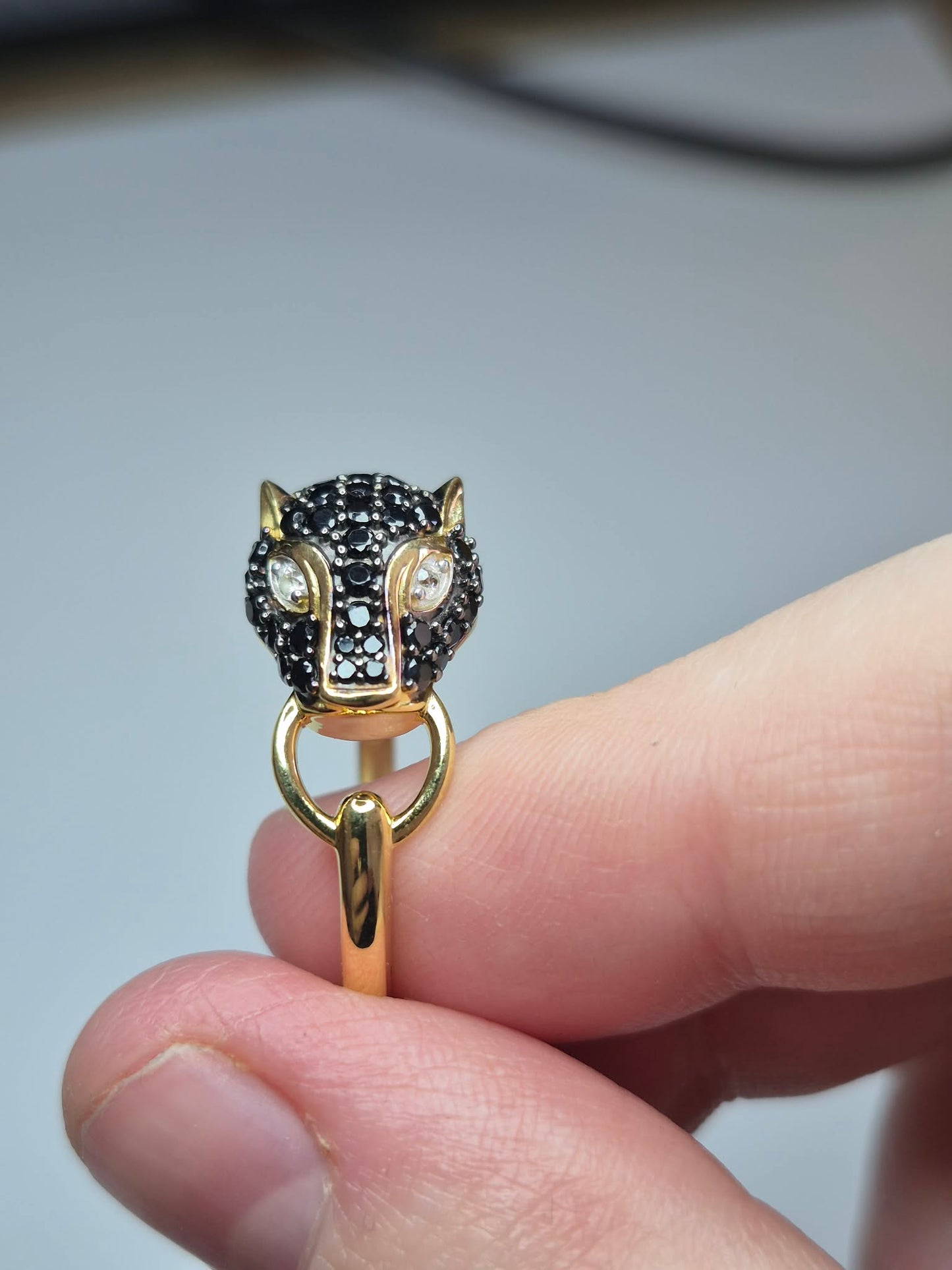 1.16ct Black Spinel &amp; White Zircon Panther Ring in 18K 925 Sterling Silver SZIES R, S