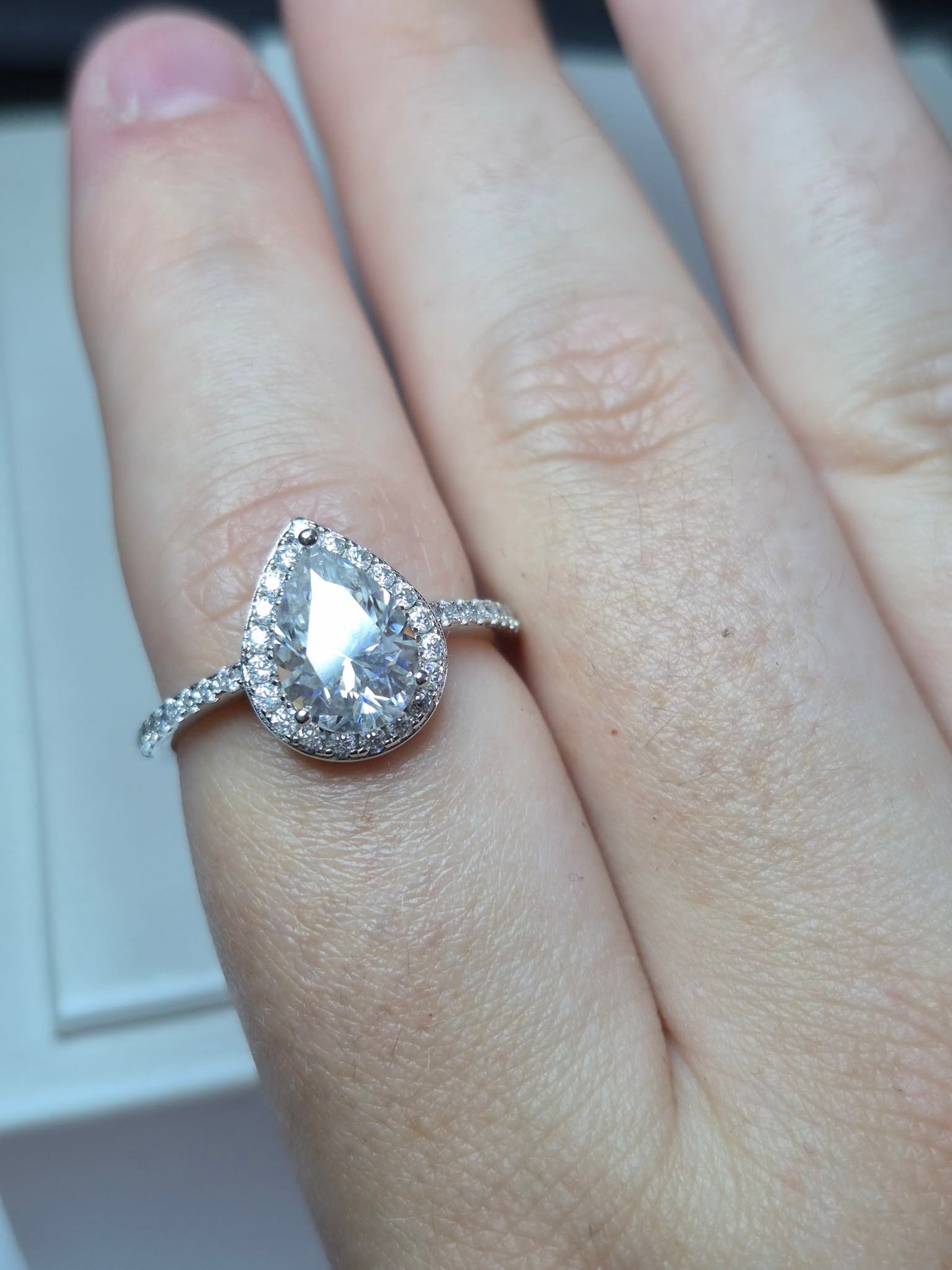 D-VVS1 Moissanite Pear Halo Ring in Rhodium Overlay Sterling Silver SIZE Q