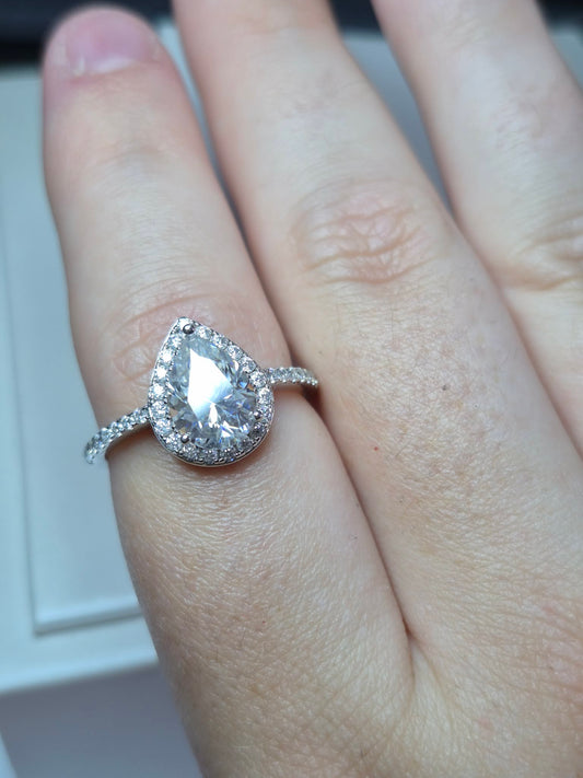 D-VVS1 Moissanite Pear Halo Ring in Rhodium Overlay Sterling Silver SIZE Q