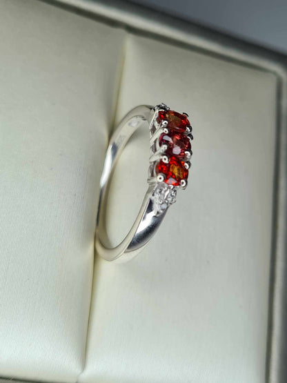 0.753ct Red Sapphire & White Zircon Trilogy Ring in Rhodium Overlay 925 Sterling Silver SIZE L