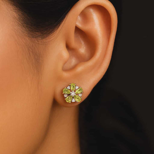 Natural Hebei Peridot & White Zircon Flower Stud Earrings in Gold Overlay 925 Sterling Silver