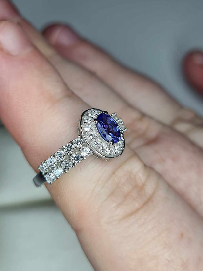 1.35ct AAA Tanzanite &amp; Natural Zircon Ring in Platinum Overlay 925 Sterling Silver SIZE L