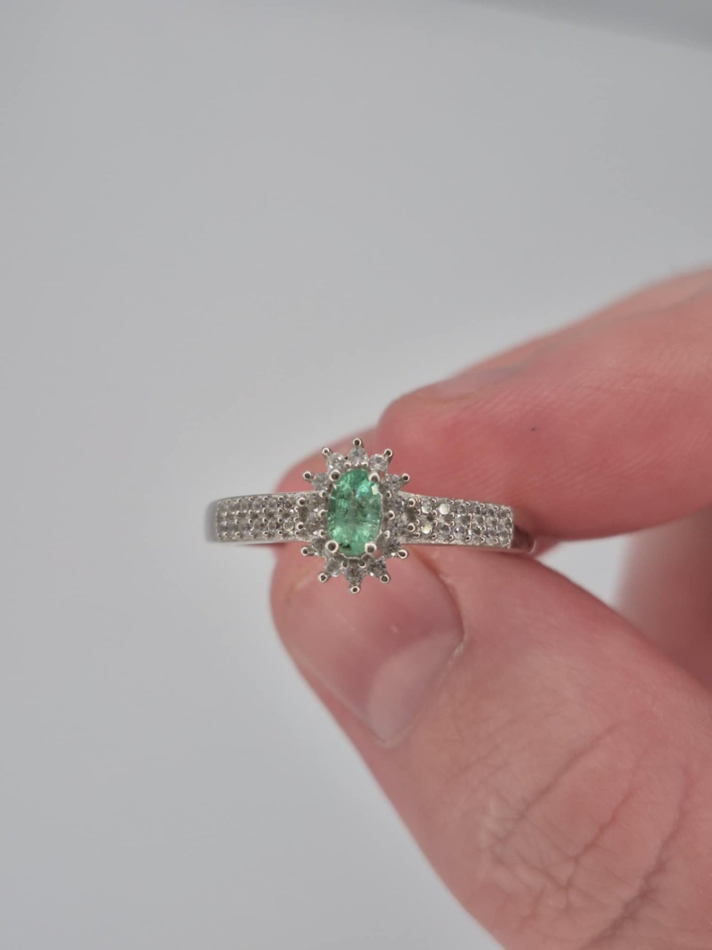 Colombian Emerald & White Zircon Halo Ring in Rhodium Overlay 925 Sterling Silver SIZE N