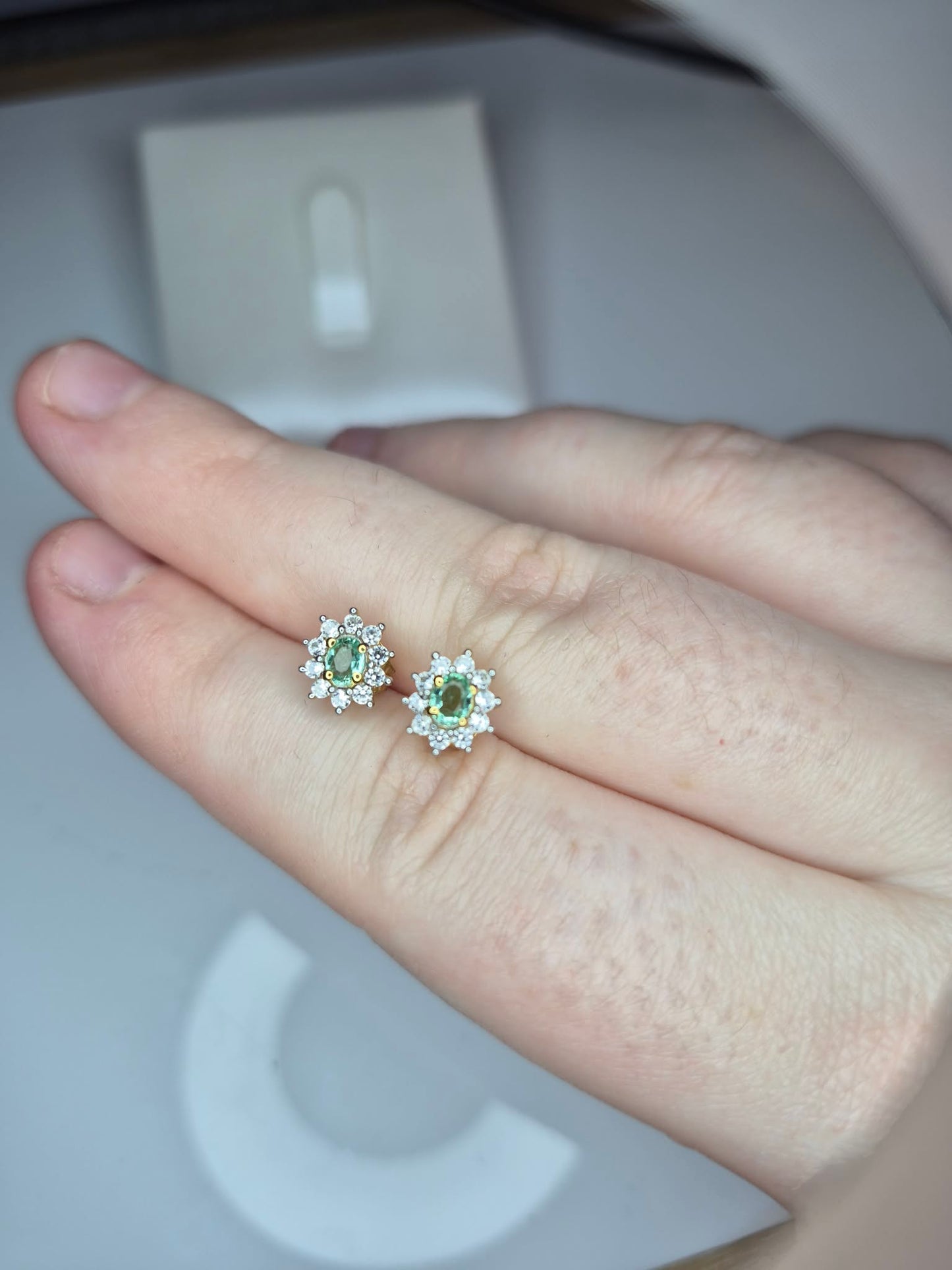 Colombian Emerald & White Zircon Stud Earrings 18k Gold Overlay 925 Sterling Silver