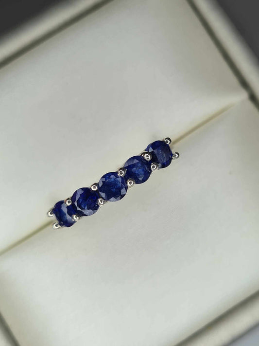 1.480ct Blue Sapphire 5 Stone Ring in Platinum Overlay 925 Sterling Silver SIZE M