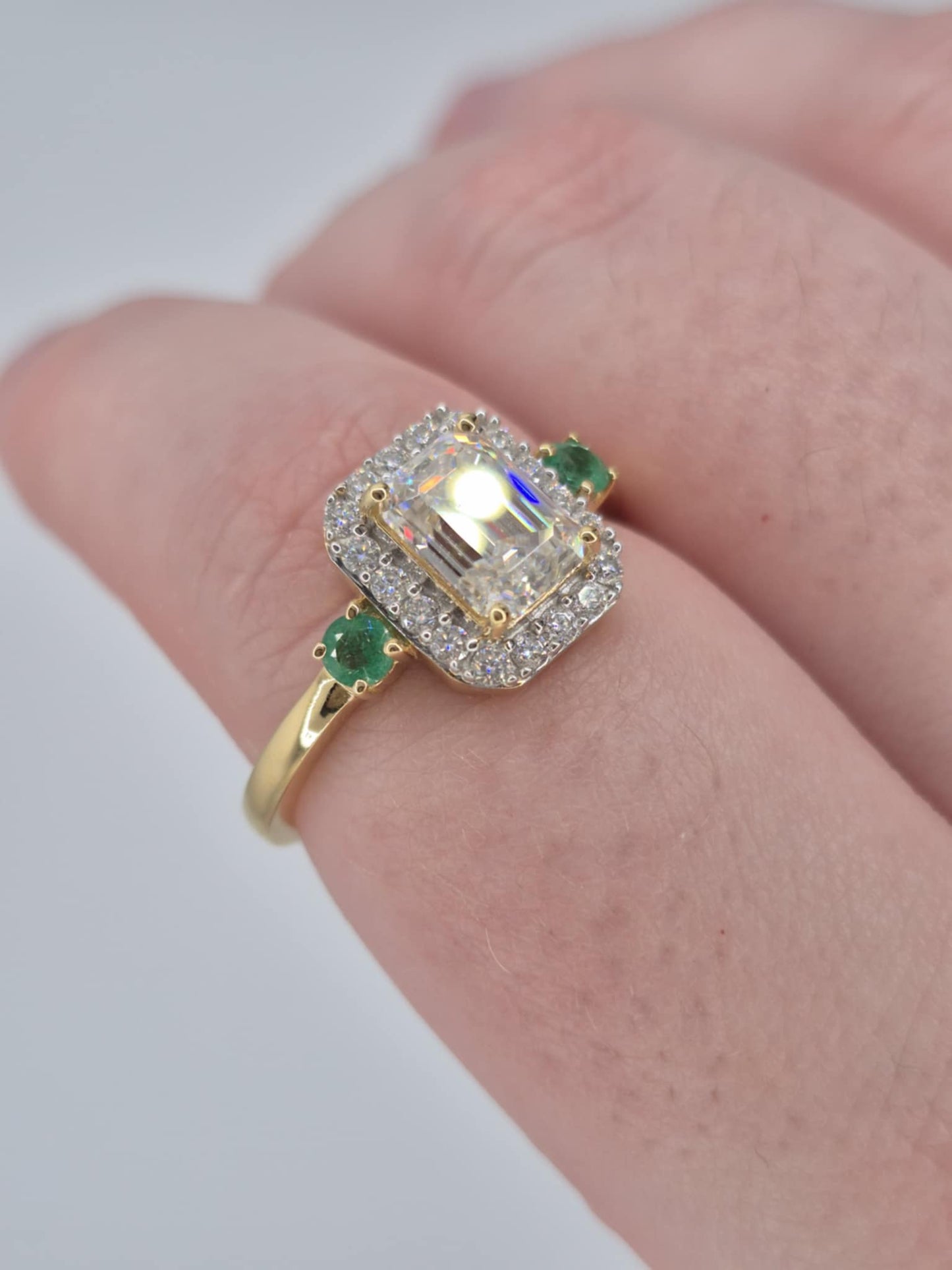 2.300ct. Octagon Cut Moissanite & Emerald Ring 18k Gold Overlay 925 Sterling Silver SIZE T