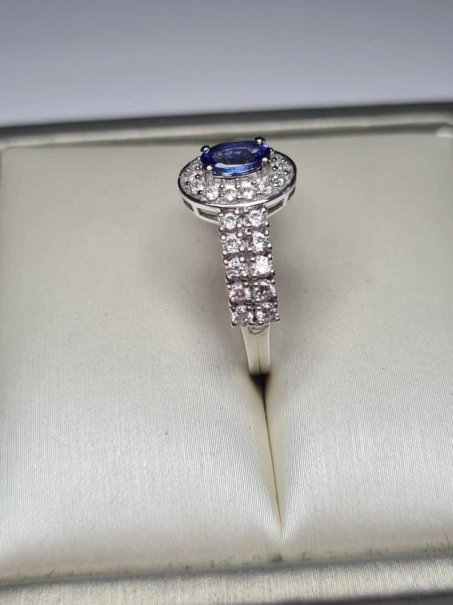 1.35ct AAA Tanzanite &amp; Natural Zircon Ring in Platinum Overlay 925 Sterling Silver SIZE L