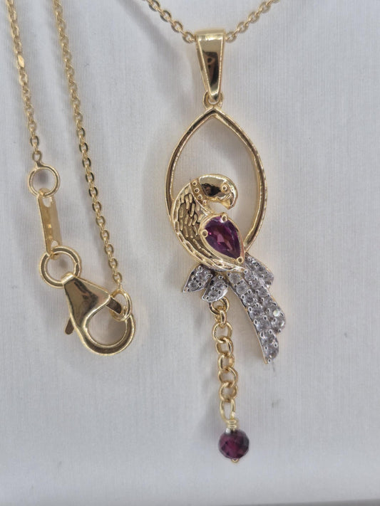 0.910ct. Rhodolite Garnet, White Zircon, Blue Sapphire Bird Necklace in 18K Gold Overlay 925 Sterling Silver