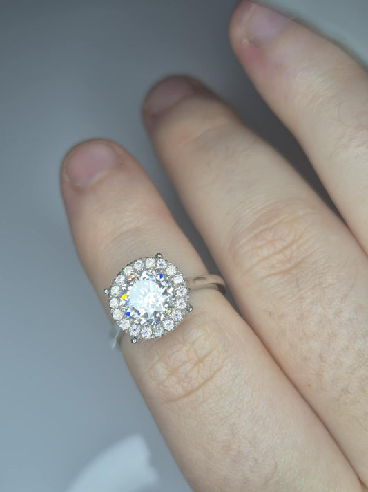 2.21ct Moissanite Halo Ring in 925 Sterling Silver with Rhodium Overlay SIZE L