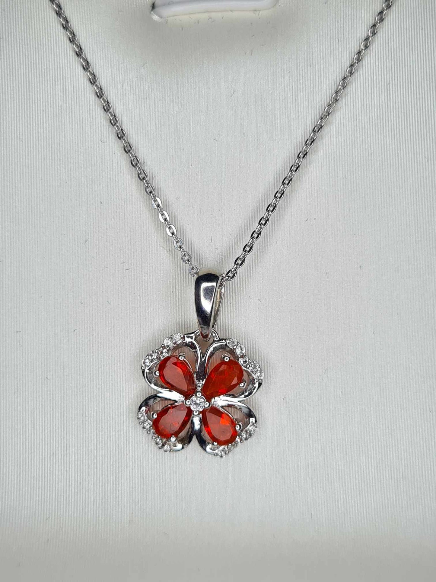 0.790ct. Fire Opal &amp; Natural Zircon Clover Necklace in Platinum Overlay 925 Sterling Silver