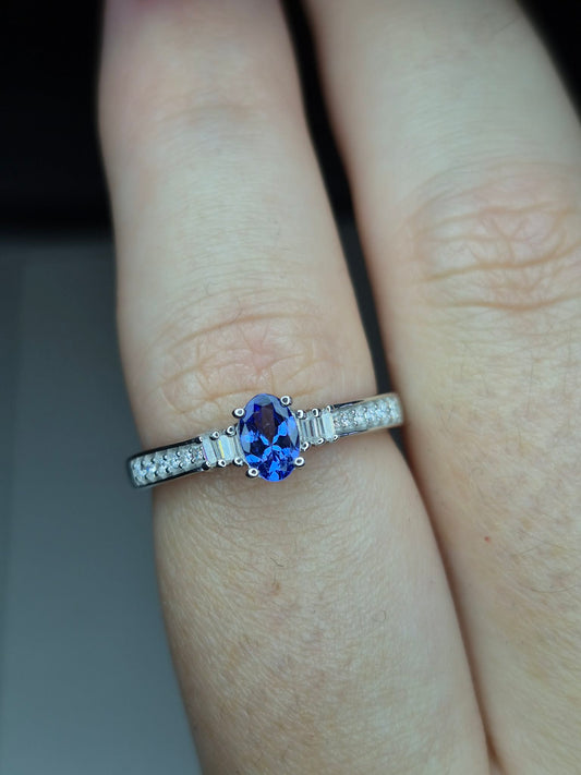 Natural Tanzanite & Moissanite Ring in Platinum Overlay 925 Sterling Silver SIZE P
