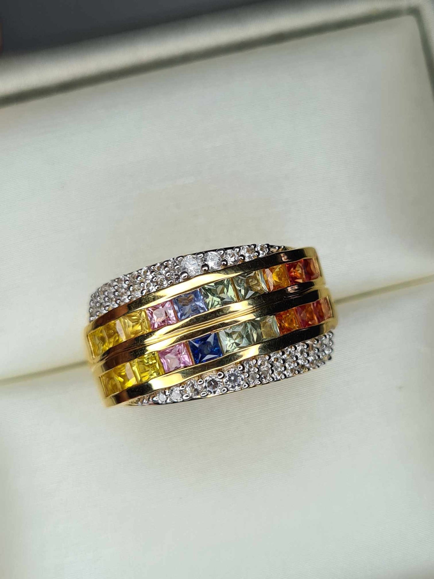 2ct Rainbow Sapphire & Natural Zircon Cluster Band Ring in 18K Gold Overlay 925 Sterling Silver SIZE J