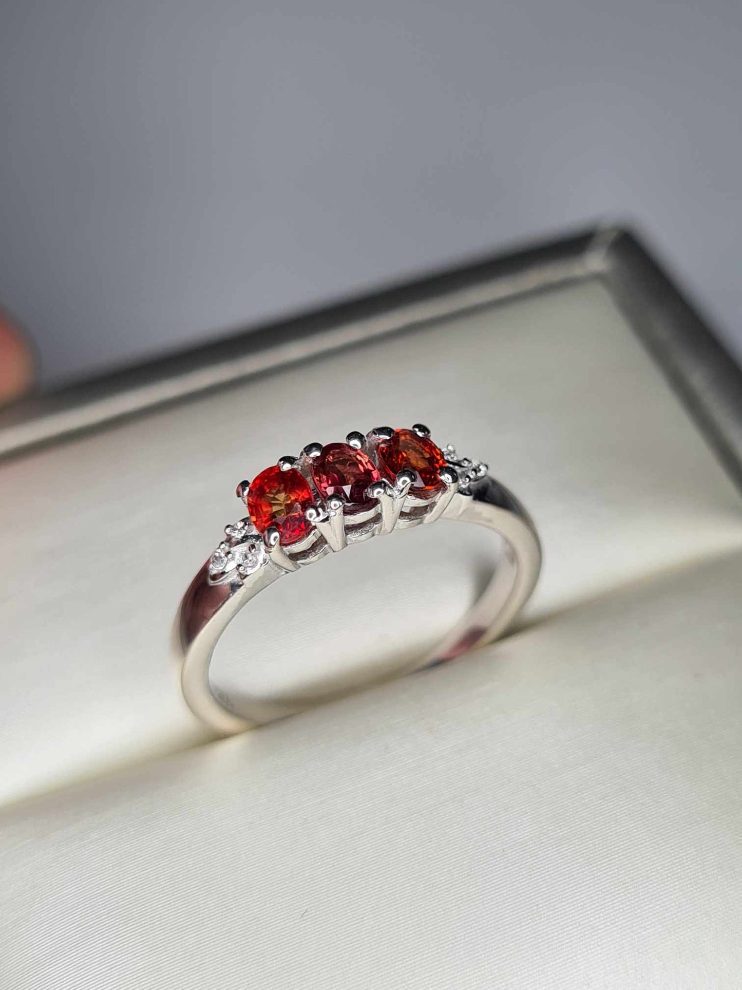 0.753ct Red Sapphire & White Zircon Trilogy Ring in Rhodium Overlay 925 Sterling Silver SIZE L