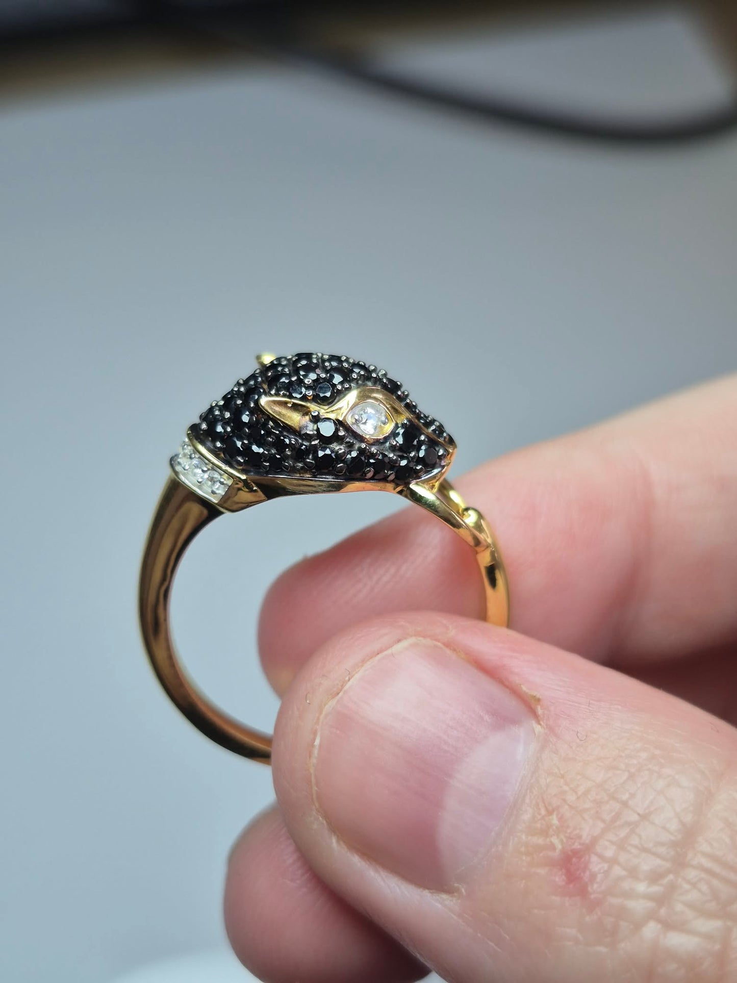 1.16ct Black Spinel &amp; White Zircon Panther Ring in 18K 925 Sterling Silver SZIES R, S