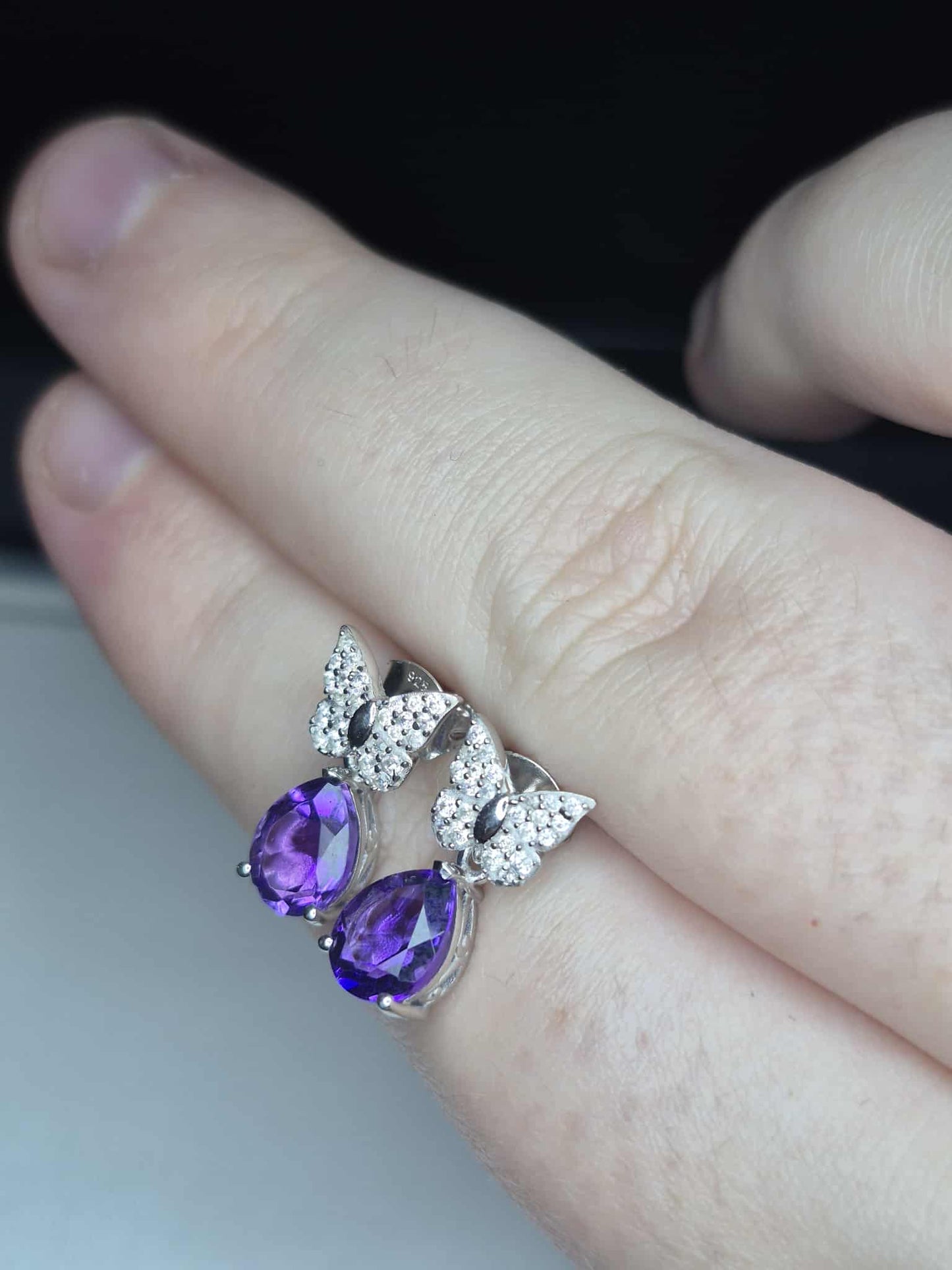 Natural Moroccan Amethyst White Zircon Butterfly Earrings 925 Sterling Silver