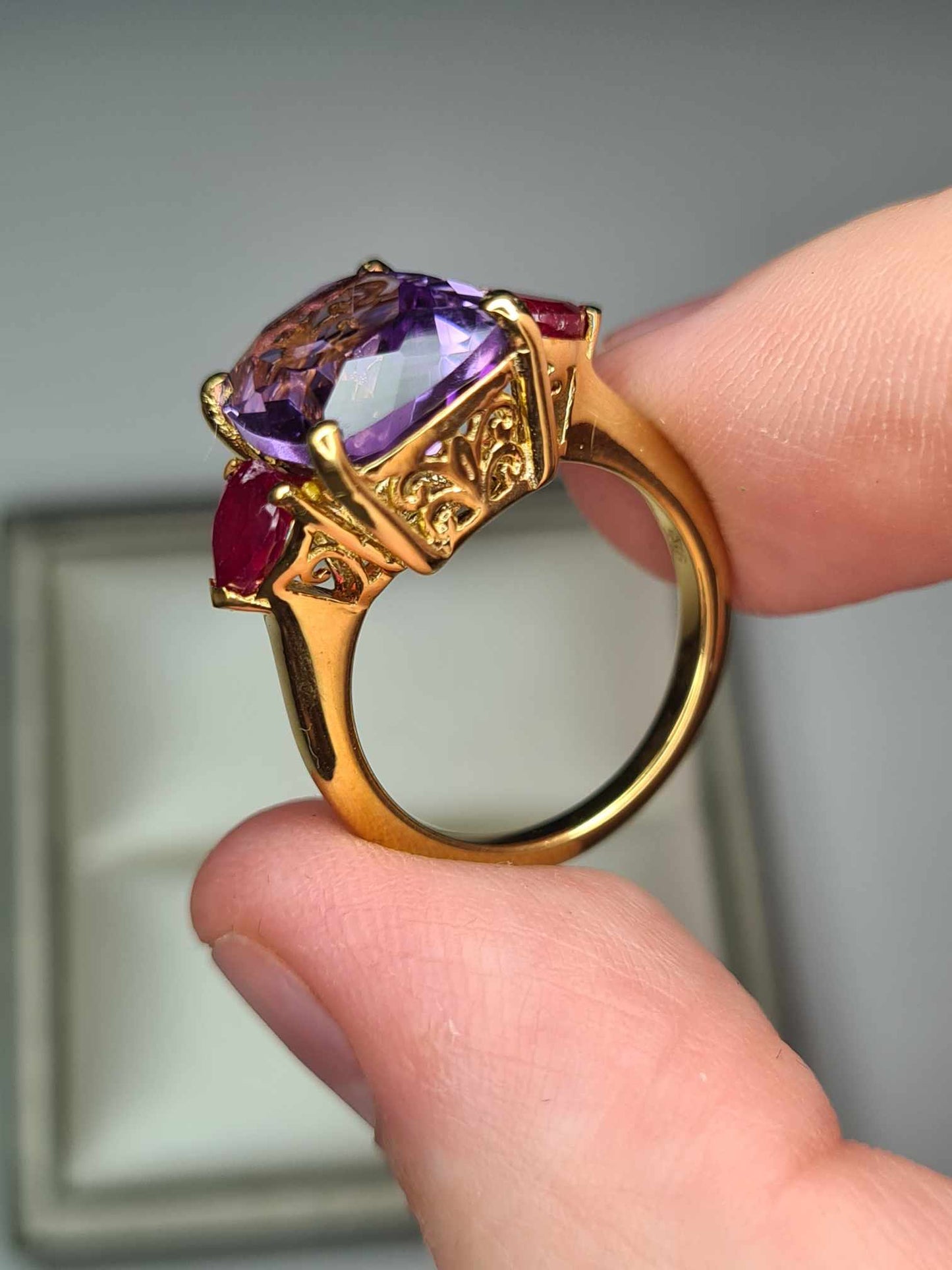 6.660 Ct. African Amethyst & Ruby Trilogy Ring in 18K Gold Overlay 925 Sterling Silver