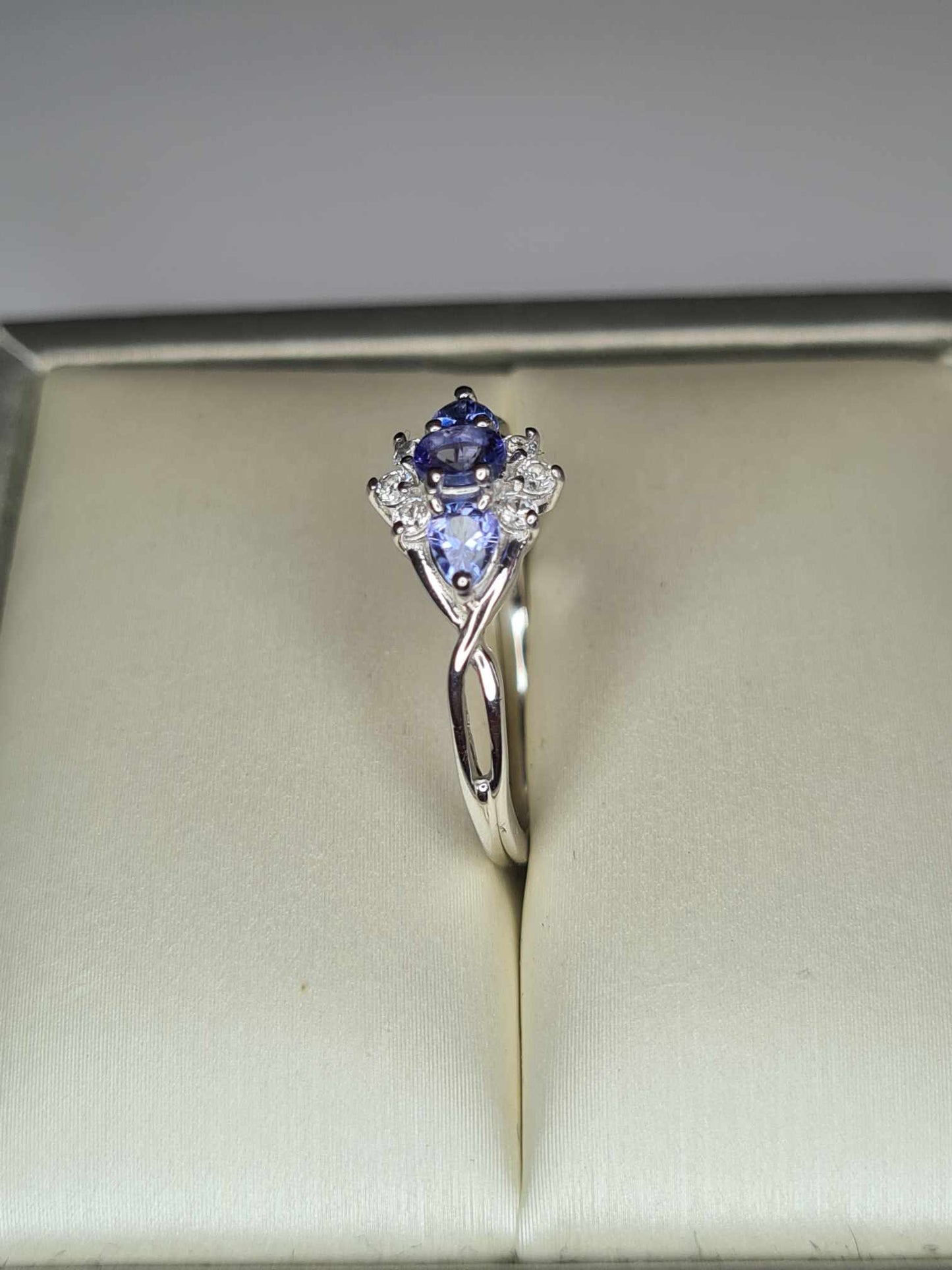 0.661ct Tanzanite &amp; White Zircon Three Stone Ring in Platinum Overlay 925 Sterling Silver SIZE L