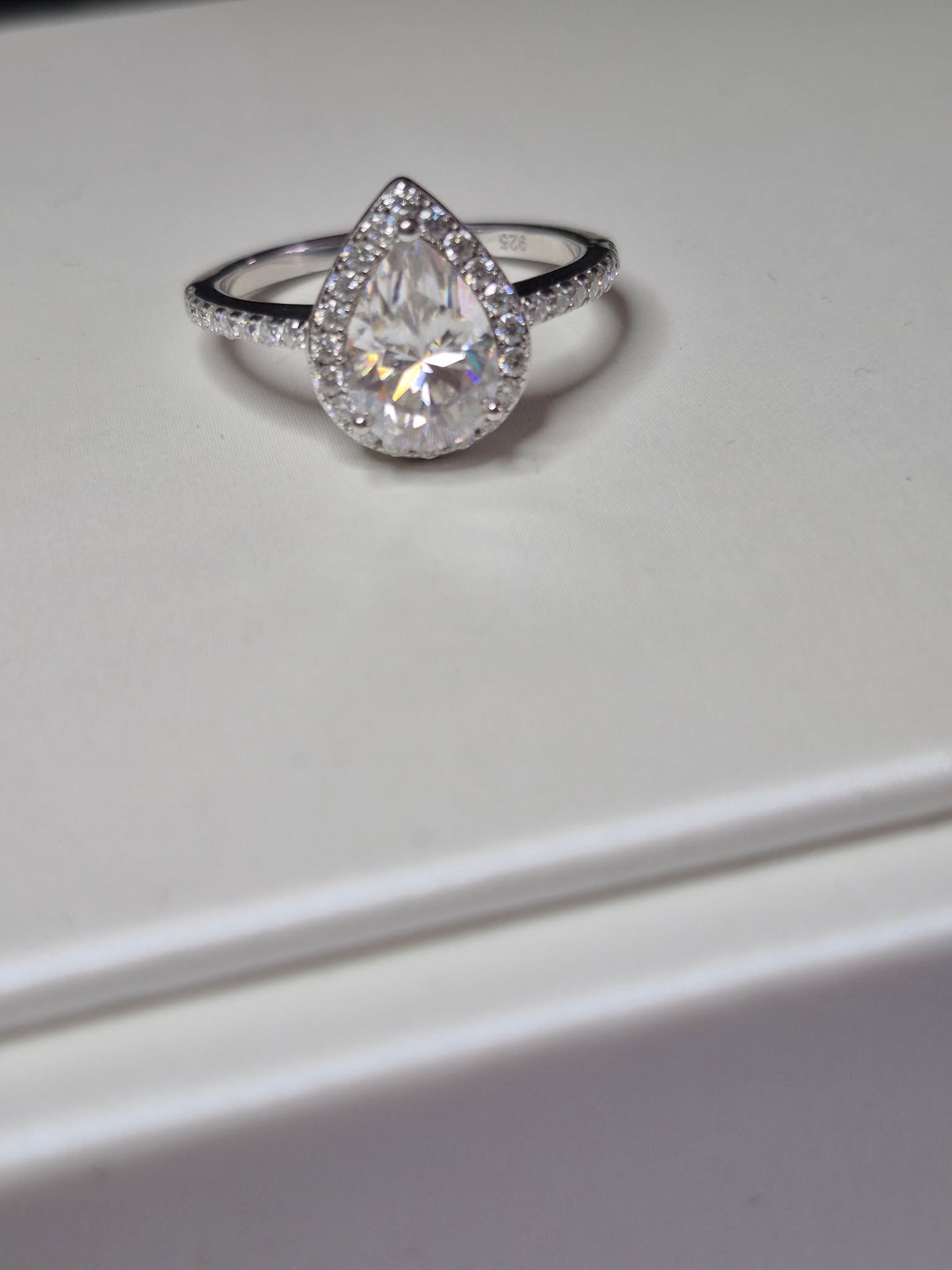 D-VVS1 Moissanite Pear Halo Ring in Rhodium Overlay Sterling Silver SIZE Q