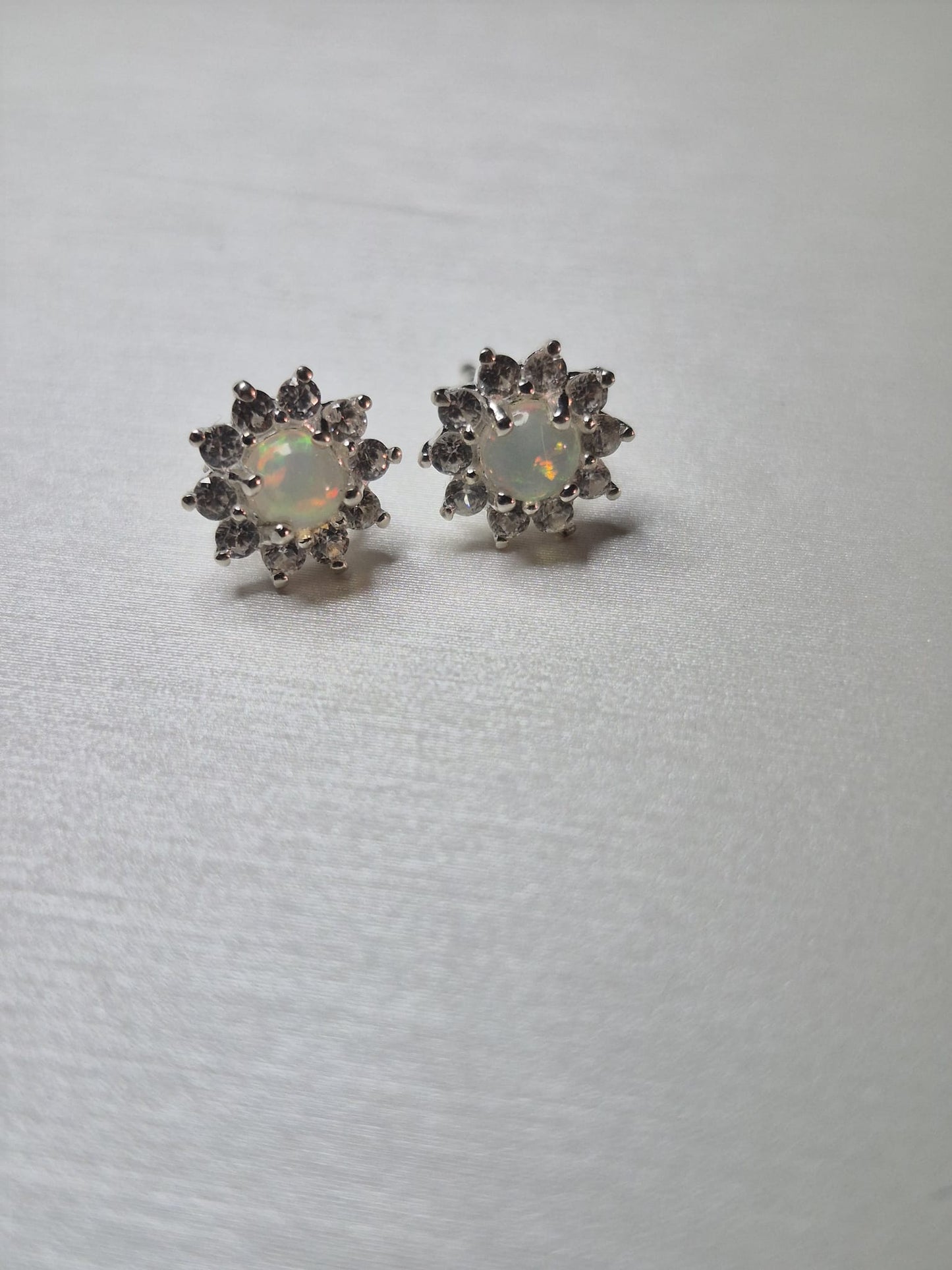 Ethiopian Opal & White Zircon Halo Earrings 925 Sterling Silver