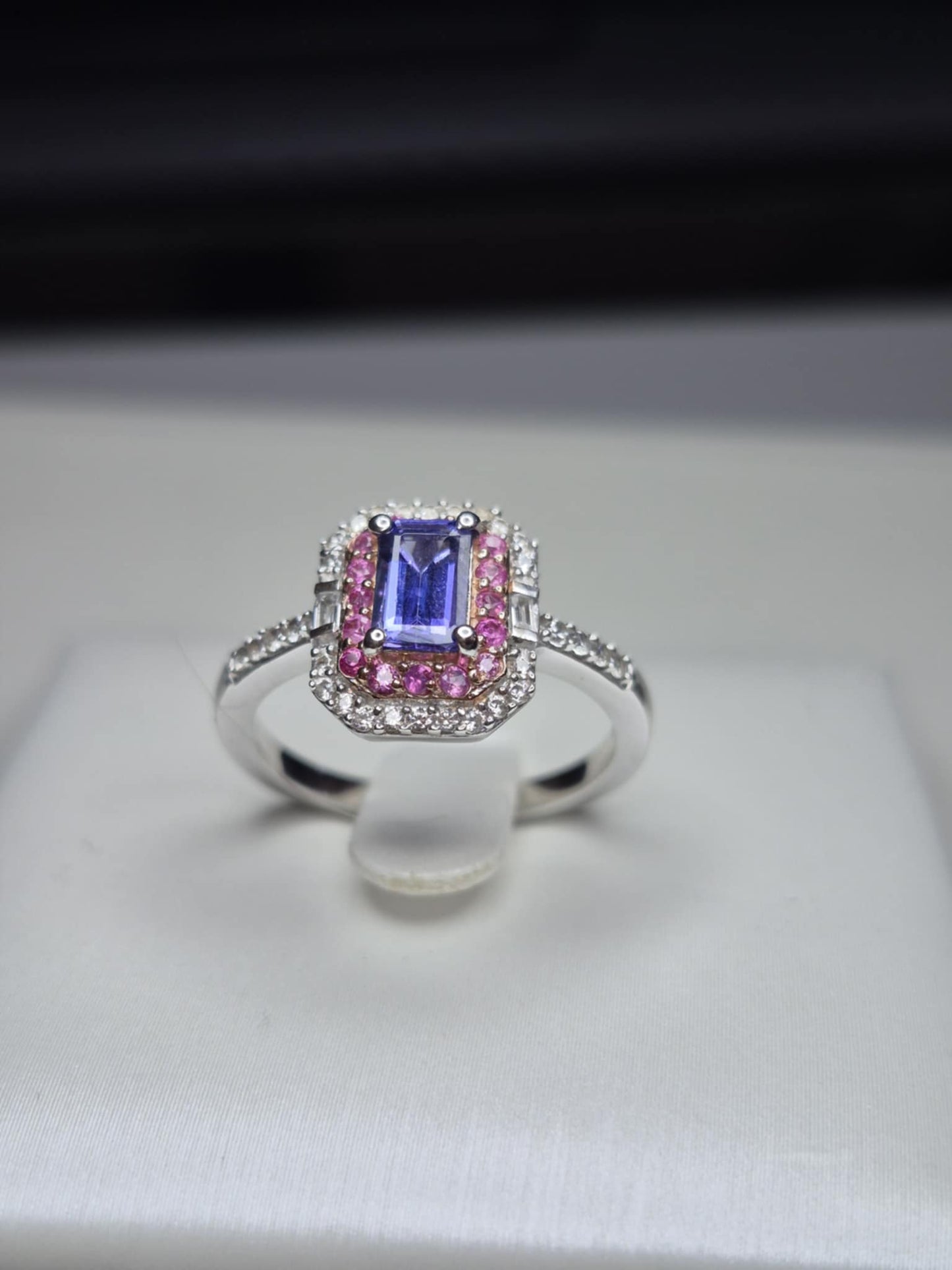 Tanzanite & Pink Sapphire Halo Ring in 18K Rose Gold Overlay 925 Sterling Silver