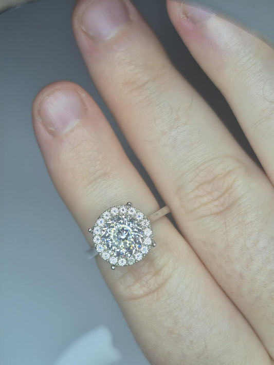 2.21ct Moissanite Halo Ring in 925 Sterling Silver with Rhodium Overlay SIZE L