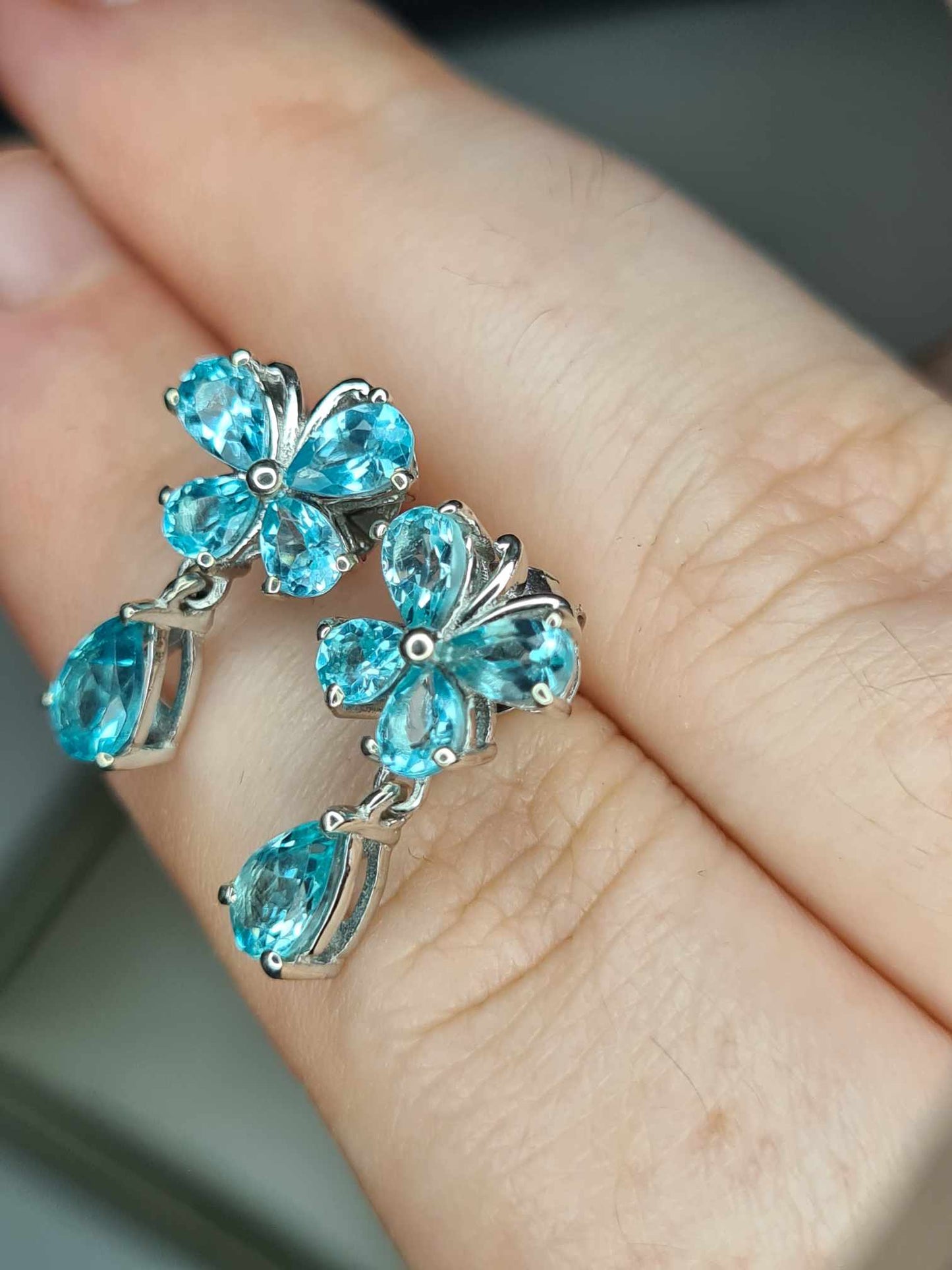 Blue Apatite Dangle Butterfly Earrings in Rhodium Overlay 925 Sterling Silver