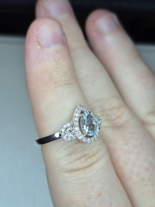 Aquamarine & Moissanite Ring in Rhodium Overlay 925 Sterling Silver SIZE M