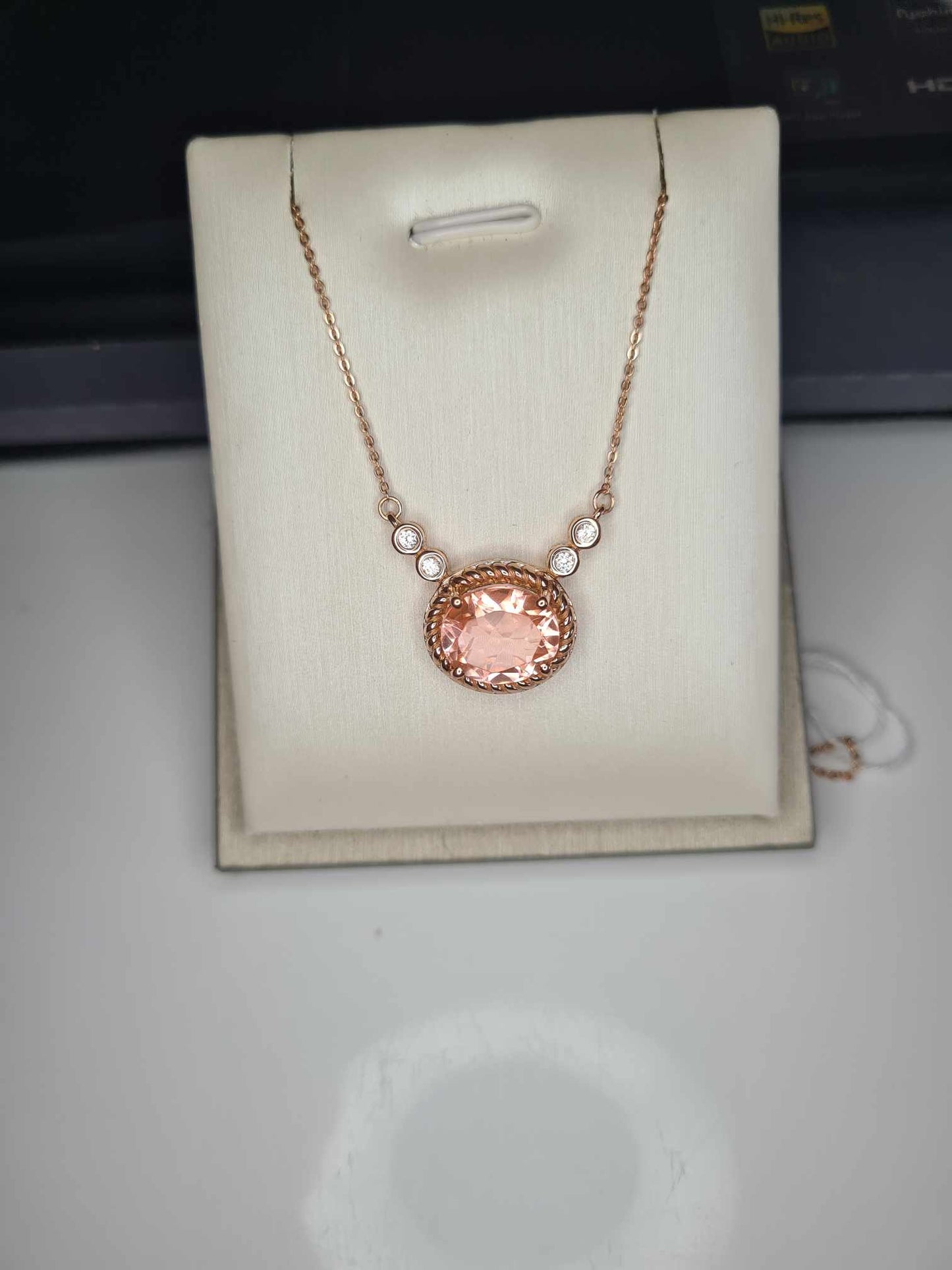 5.34ct Morganite Colour Quartz & Natural Zircon Necklace 18K Rose Gold Overlay 925 Sterling Silver