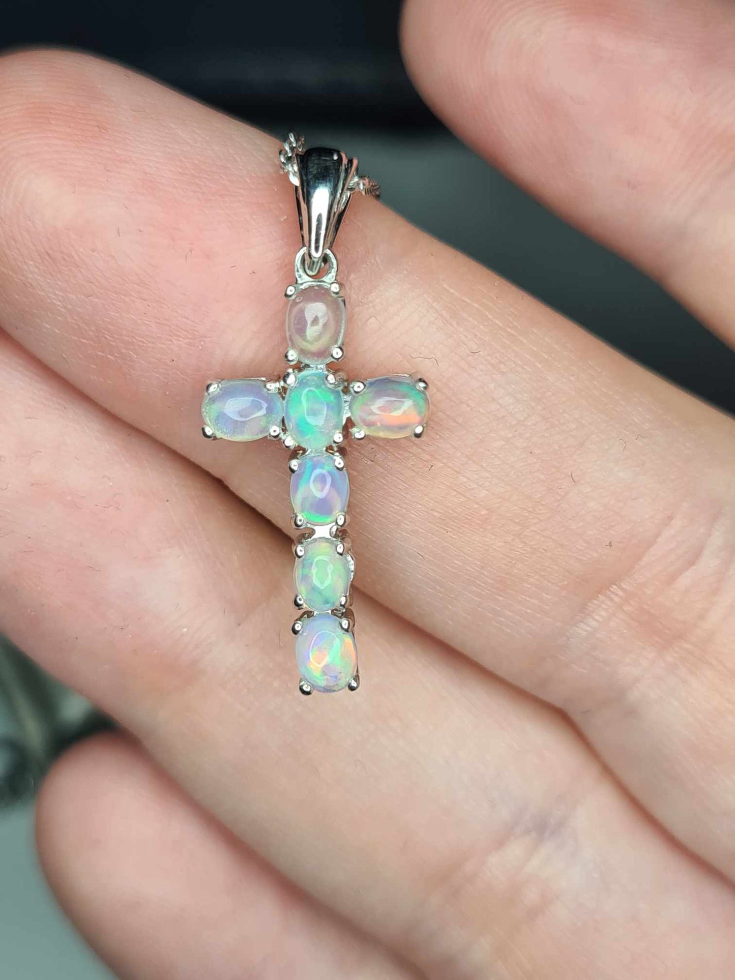 0.760ct. Ethiopian Opal Cross Necklace 925 Sterling Silver with platinum overlay