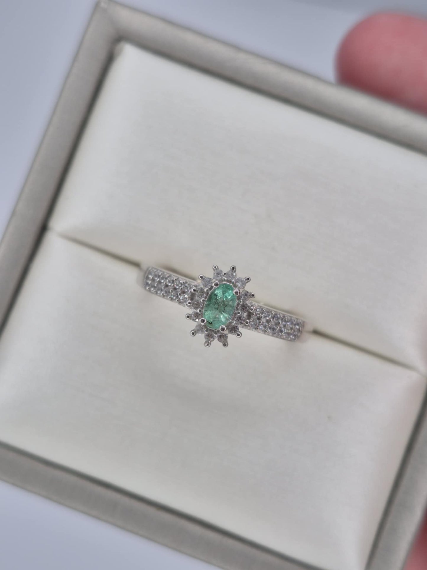 Colombian Emerald & White Zircon Halo Ring in Rhodium Overlay 925 Sterling Silver SIZE N