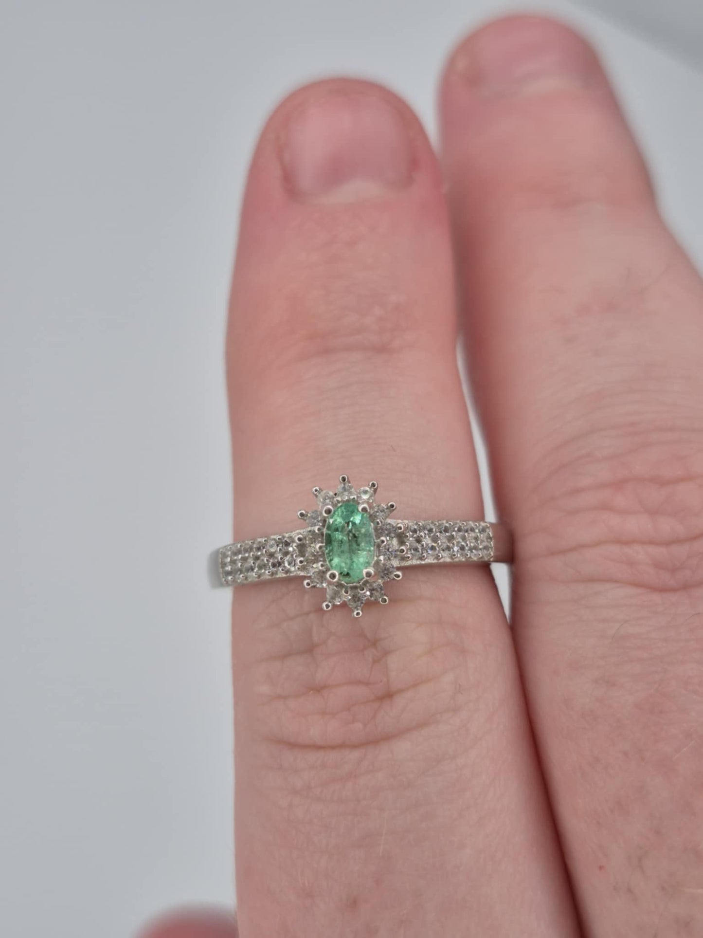 Colombian Emerald & White Zircon Halo Ring in Rhodium Overlay 925 Sterling Silver SIZE N