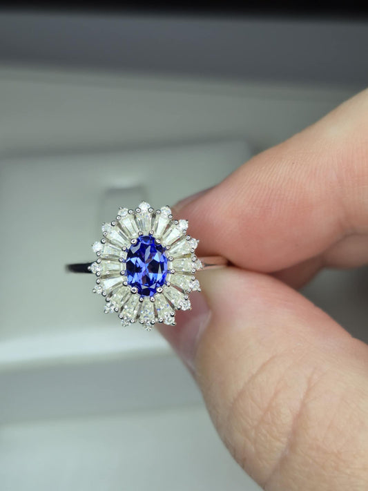 1.24ct Tanzanite & Moissanite Halo Ring in Rhodium Overlay 925 Sterling Silver SIZE M