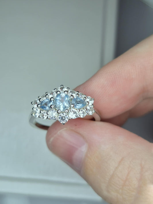 Santamaria Aquamarine & Zircon Boat Ring in Rhodium Overlay 925 Sterling Silver SIZE M