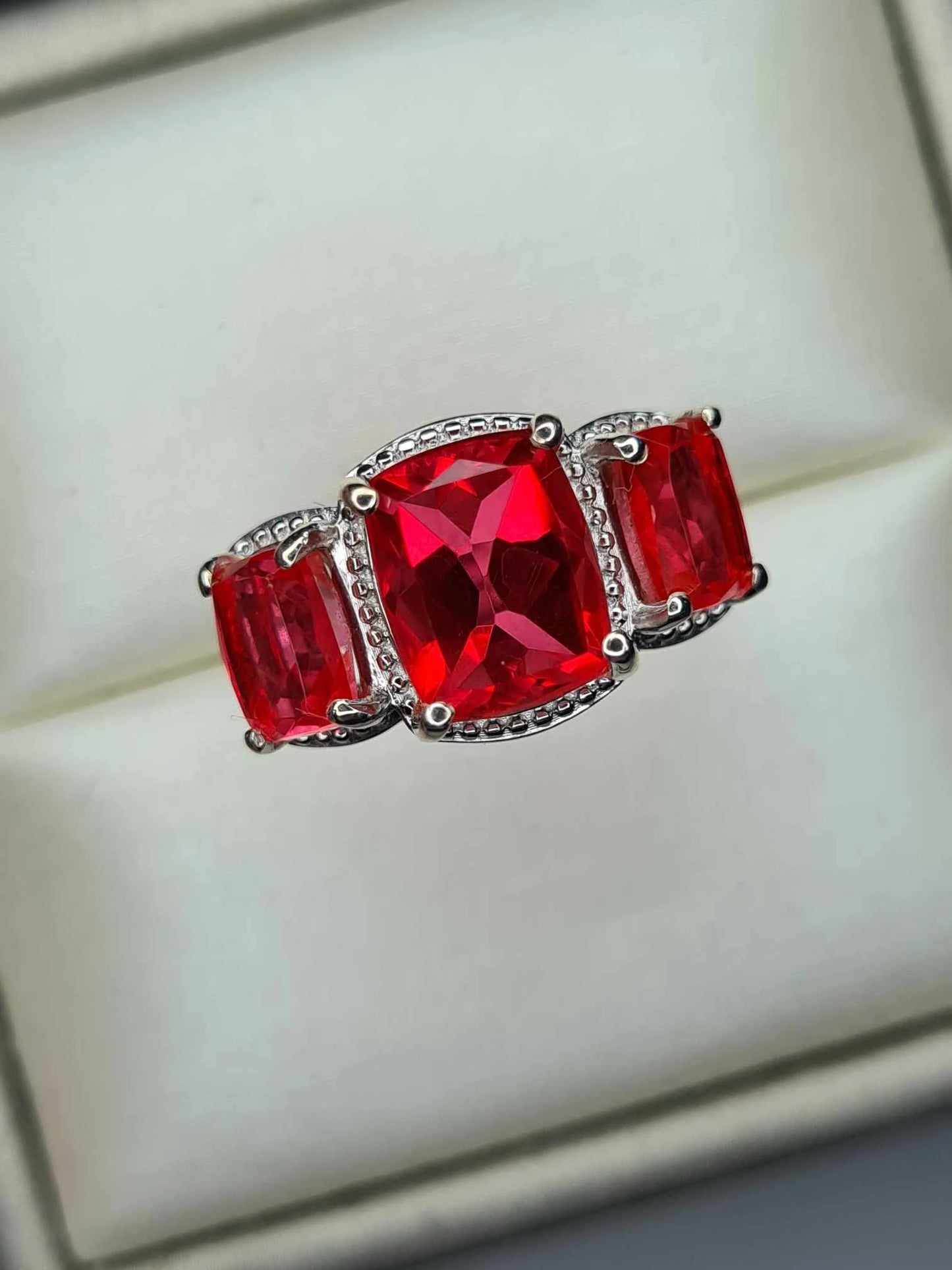 5.70 Ct. Padparadscha Triplet Quartz 3 Stone Ring in Platinum Overlay Sterling Silver SIZE M