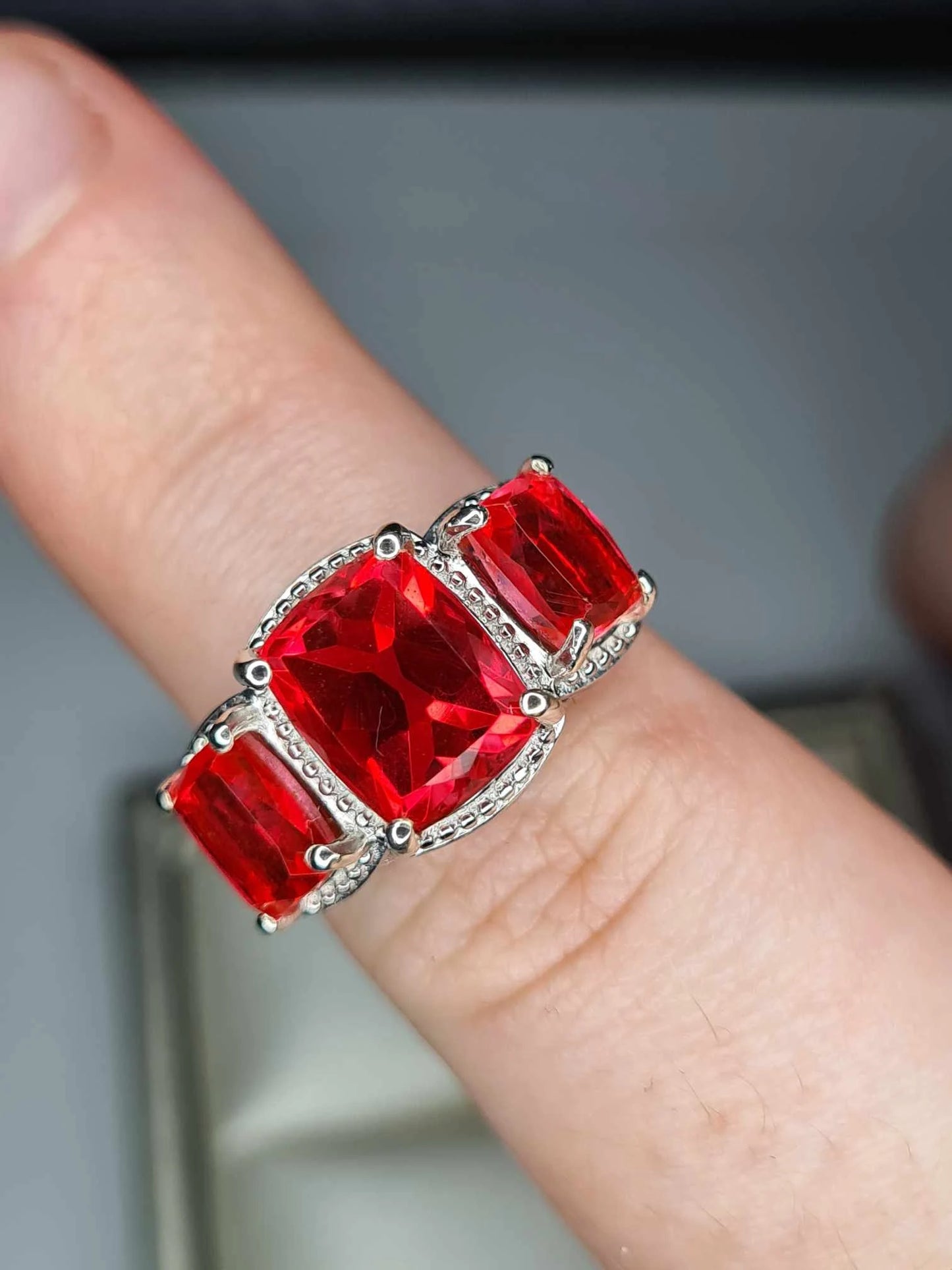 5.70 Ct. Padparadscha Triplet Quartz 3 Stone Ring in Platinum Overlay Sterling Silver SIZE M