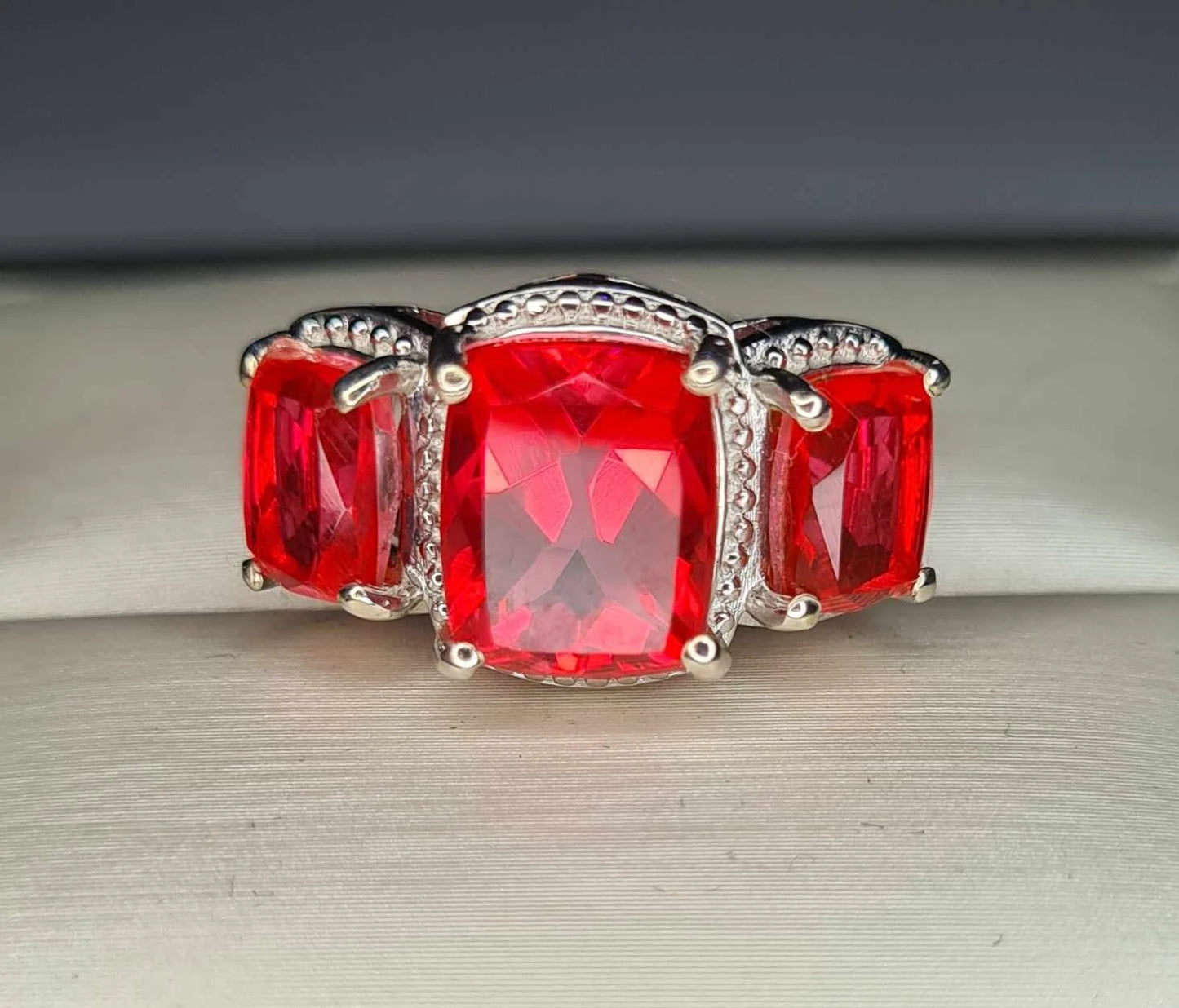 5.70 Ct. Padparadscha Triplet Quartz 3 Stone Ring in Platinum Overlay Sterling Silver SIZE M