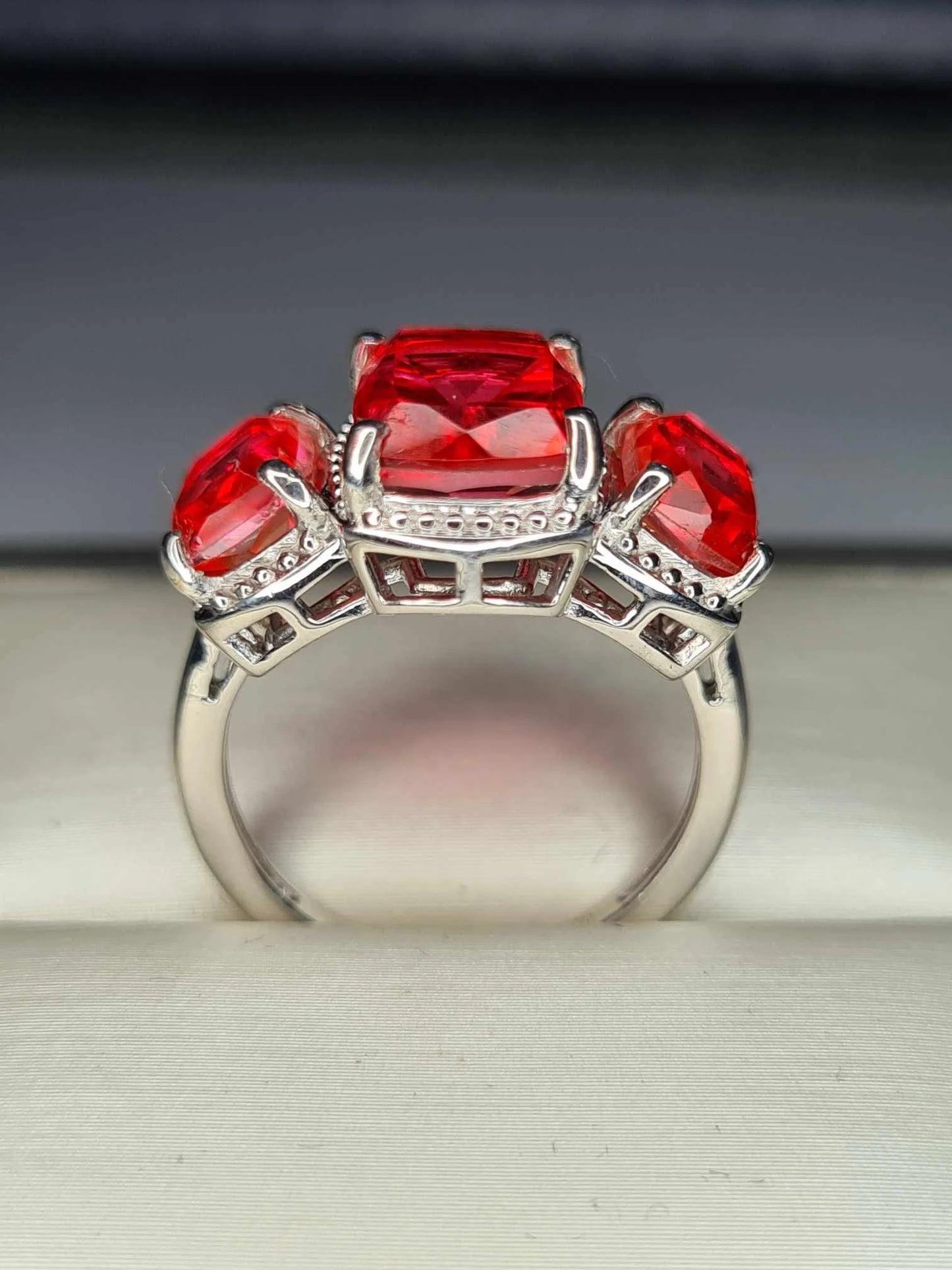 5.70 Ct. Padparadscha Triplet Quartz 3 Stone Ring in Platinum Overlay Sterling Silver SIZE M