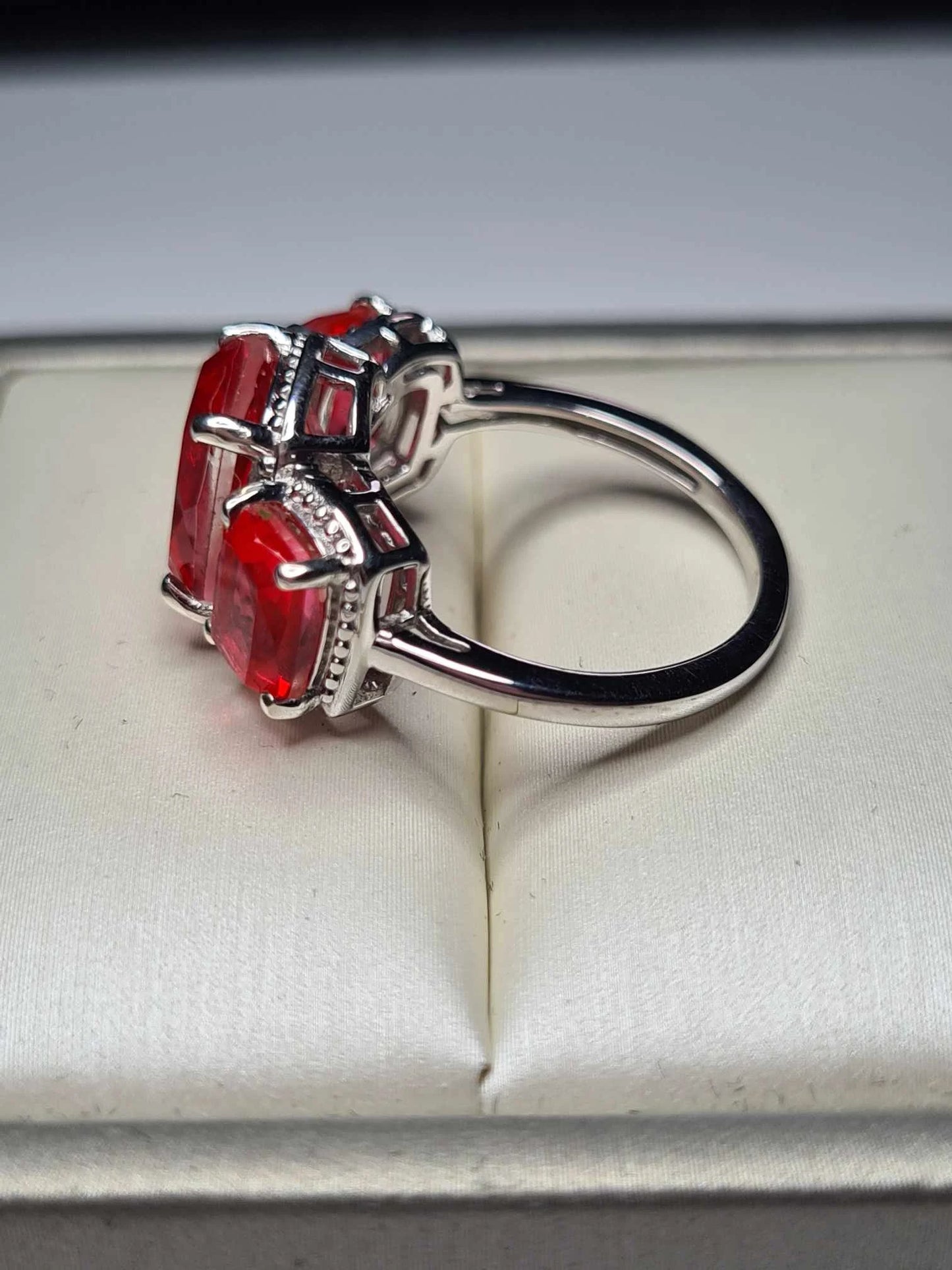 5.70 Ct. Padparadscha Triplet Quartz 3 Stone Ring in Platinum Overlay Sterling Silver SIZE M