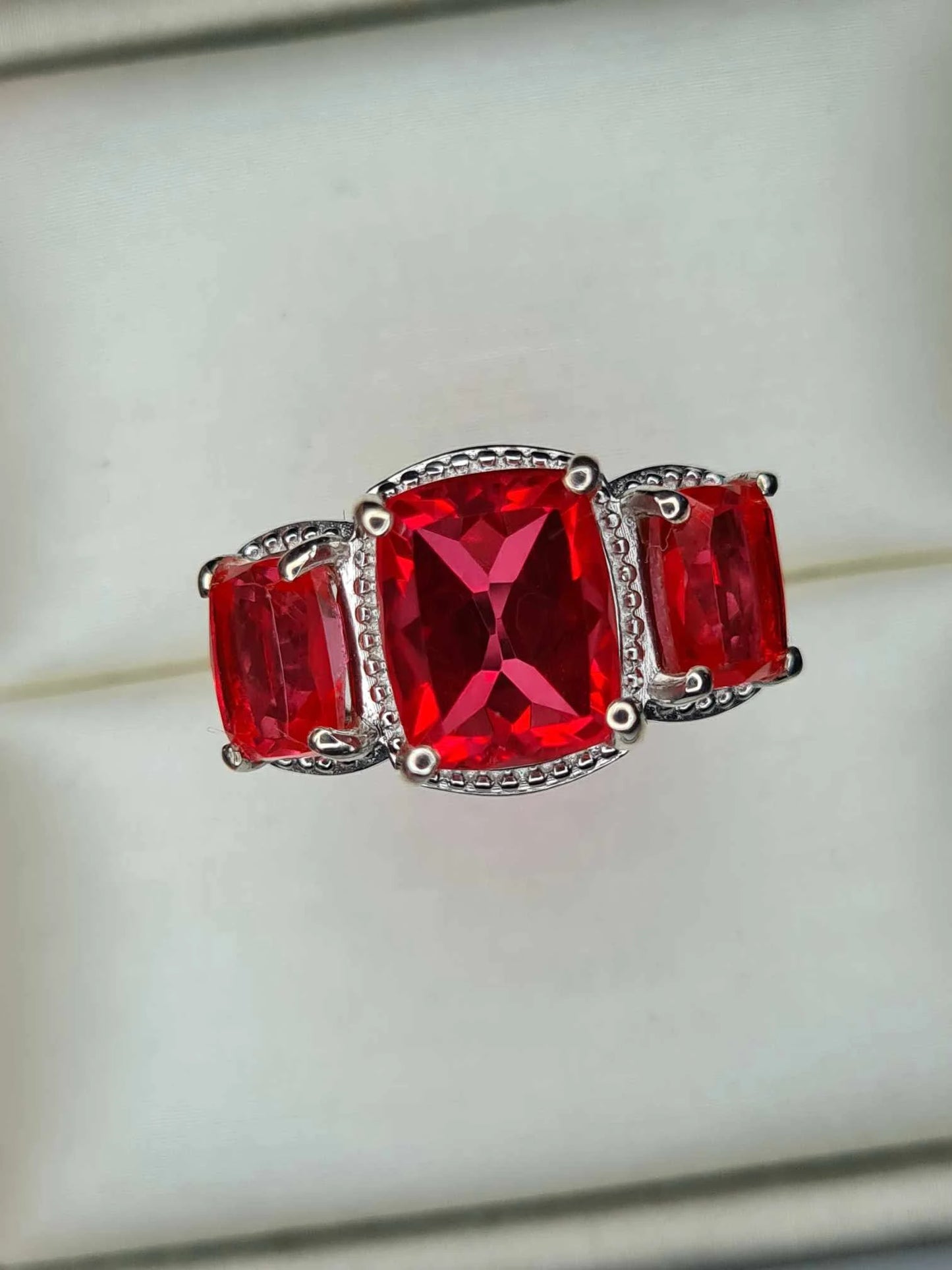 5.70 Ct. Padparadscha Triplet Quartz 3 Stone Ring in Platinum Overlay Sterling Silver SIZE M