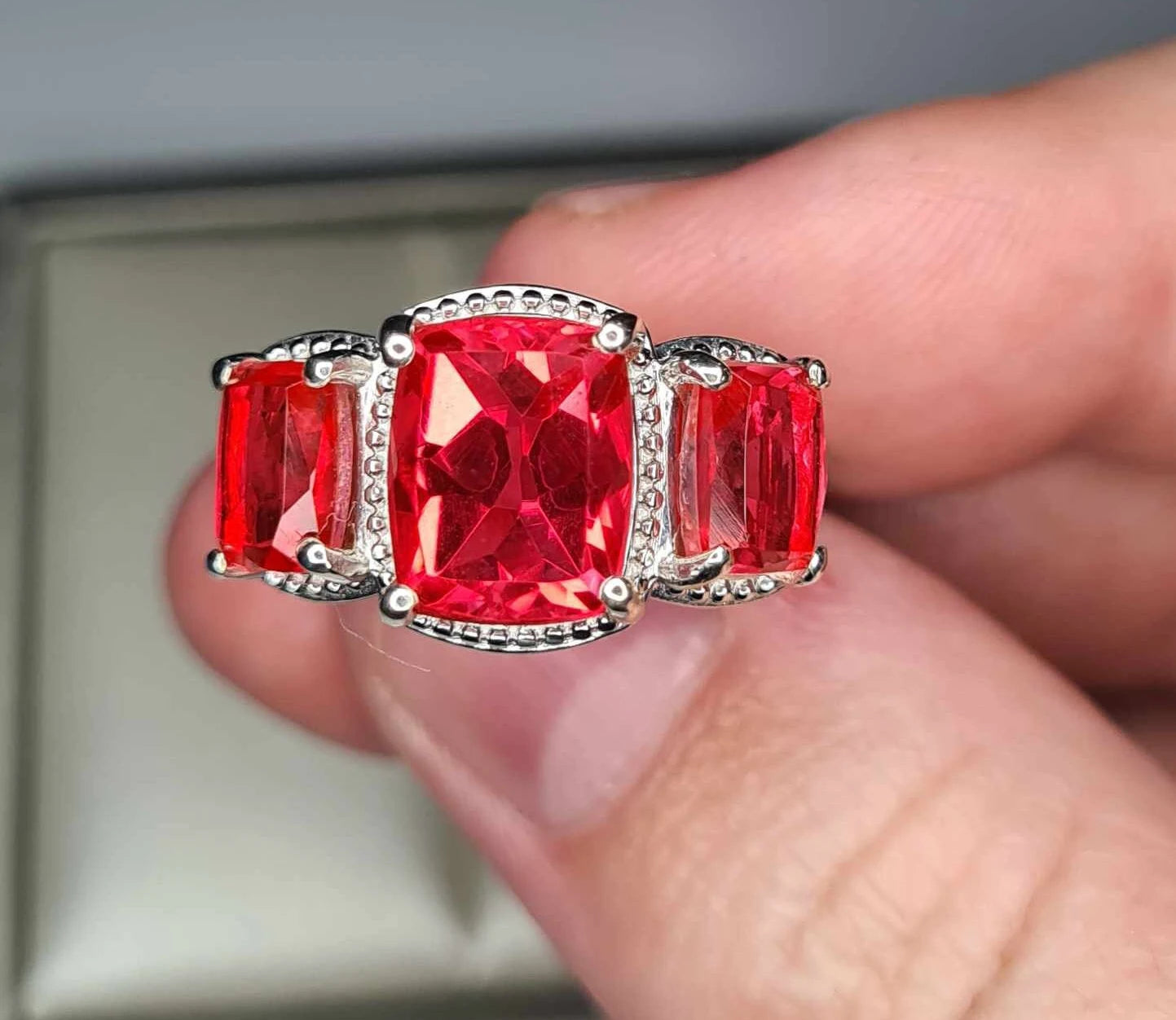 5.70 Ct. Padparadscha Triplet Quartz 3 Stone Ring in Platinum Overlay Sterling Silver SIZE M