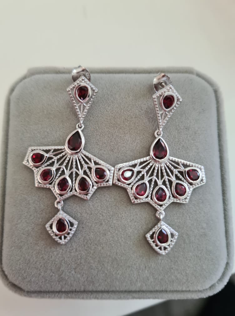 Rhodolite Garnet Fan-Inspired Earrings in 925 Sterling Silver